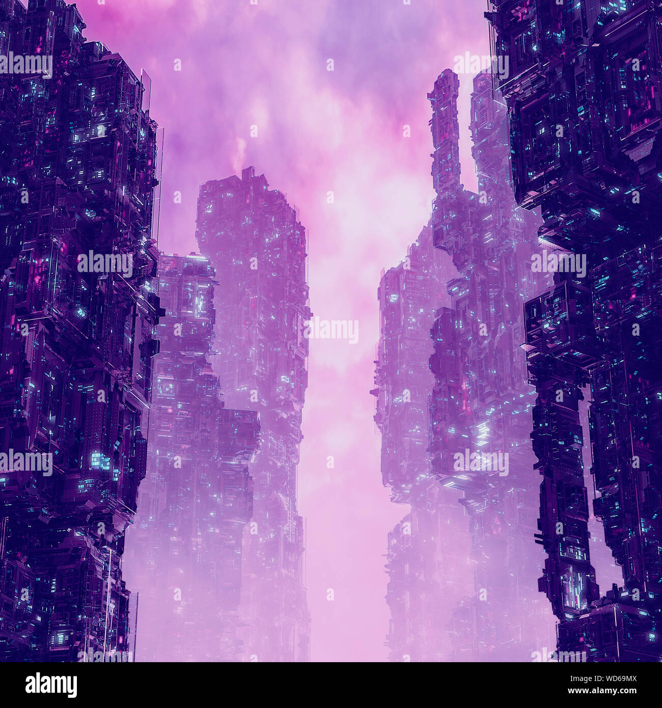 Cyberpunk Metropole dawn/3D-Darstellung der Dunklen futuristische Science-Fiction-Stadt bei Sonnenaufgang Stockfoto