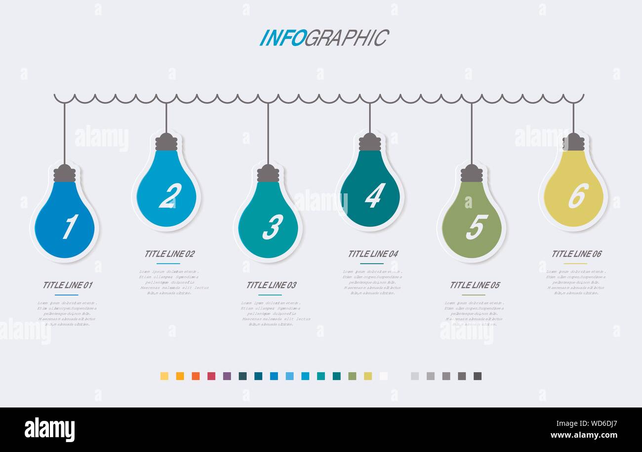 Abstrakte business Glühbirnen Infografik Vorlage mit 6 Optionen. Bunte Diagramm, timeline und Zeitplan auf hellen Hintergrund isoliert. Stock Vektor