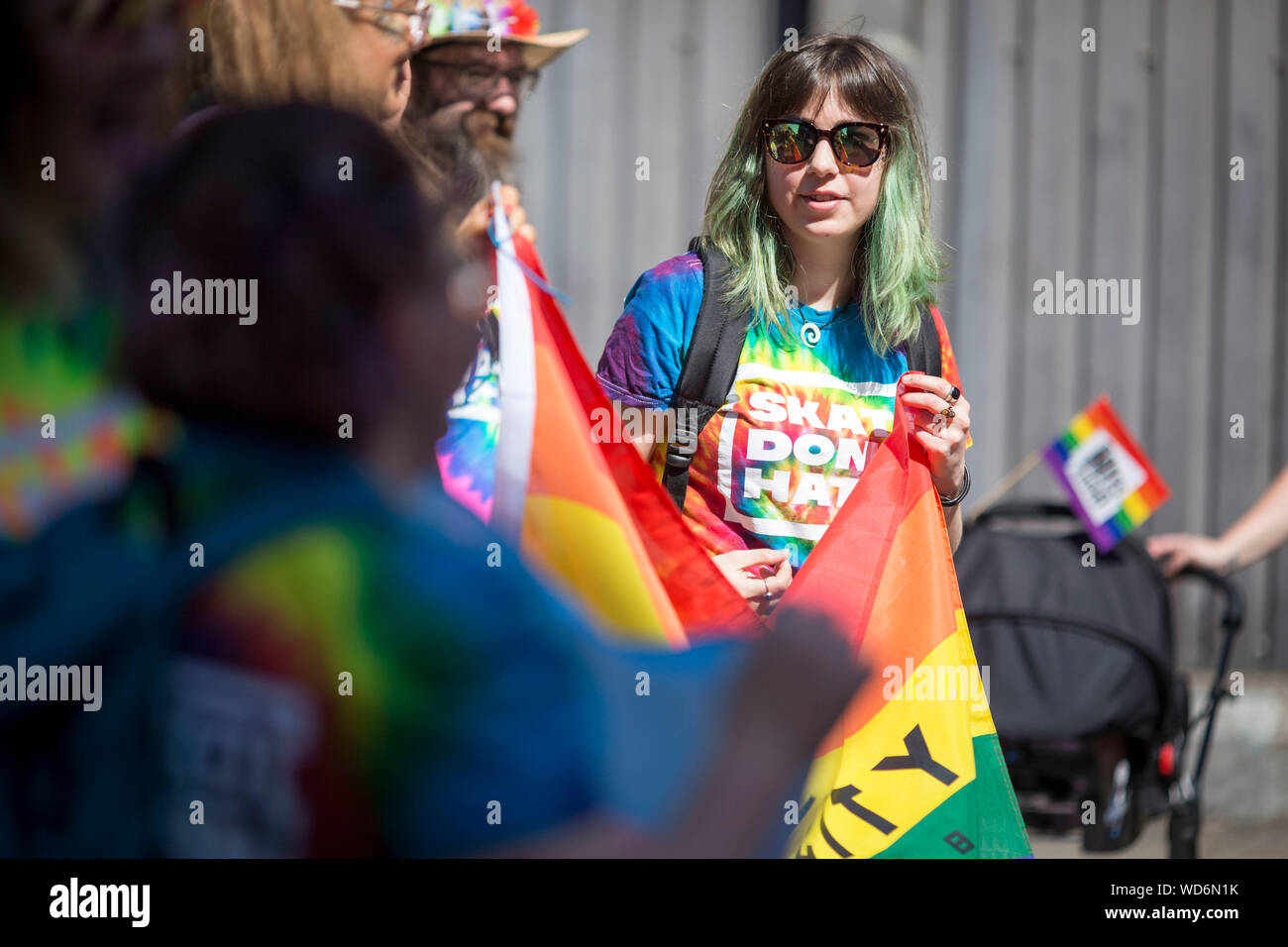 © Chris Bull. 24/8/19 Manchester, UK. Manchester Pride 2019 Parade durch das Stadtzentrum von Manchester heute (Samstag, 24. August). In diesem Jahr, Stockfoto