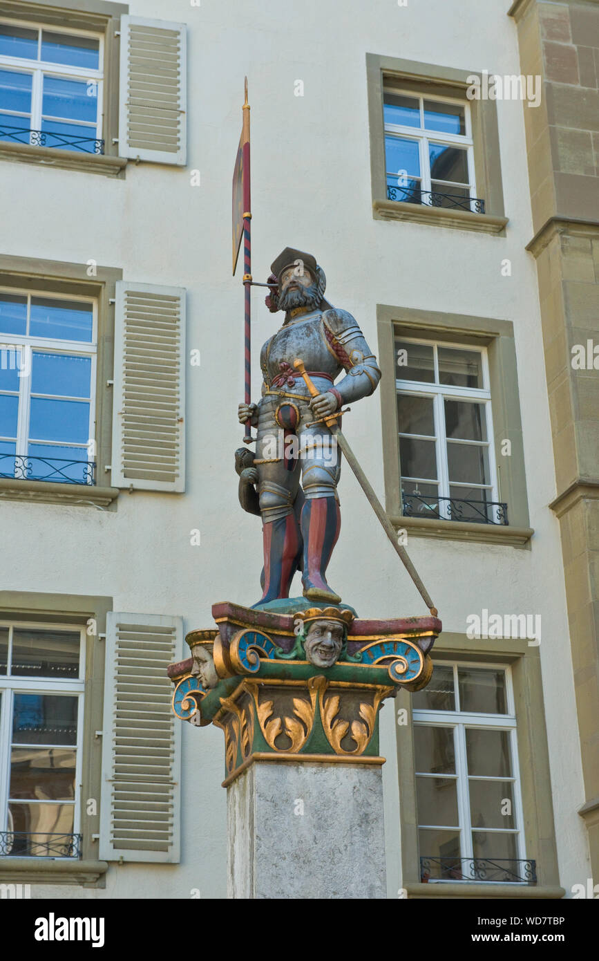 Vennerbrunnen Springbrunnen Statue am Rathausplatz. Altstadt, Bern, Schweiz Stockfoto