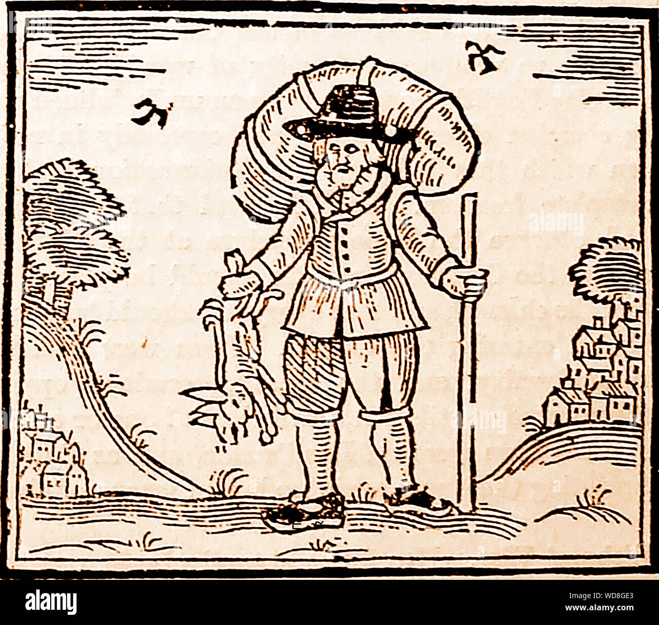Eine historische frühen Holzschnitt Gravur ein vagabund Reisenden sein Personal Holding und eine Stütze der pochiertes Kaninchen im 17. Jahrhundert, Stockfoto