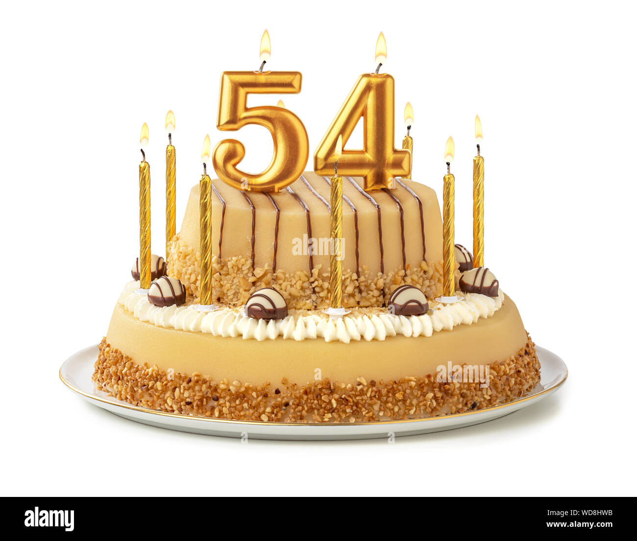 Festliche Kuchen mit goldenen Kerzen - Nummer 54 Stockfoto