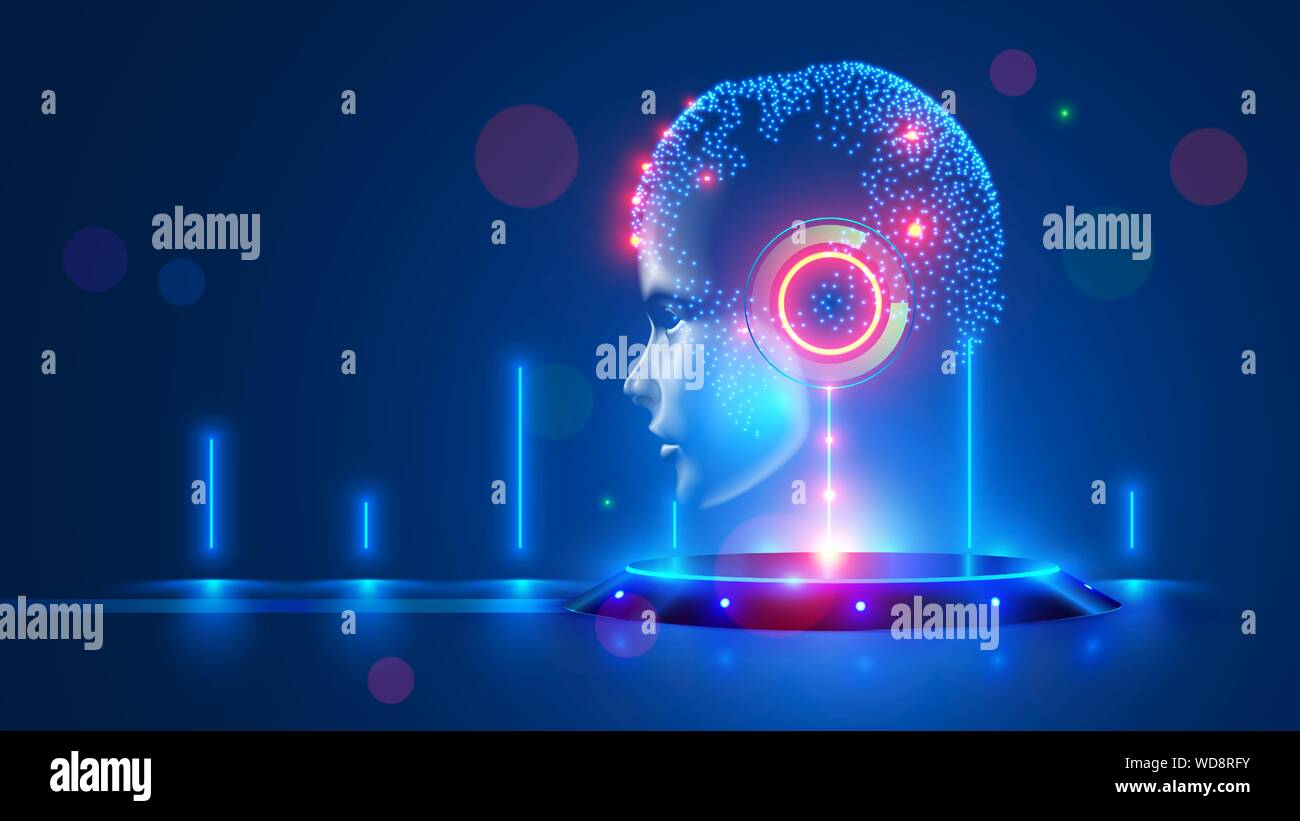 Künstliche Intelligenz mit virtuellen hängenden Kopf auf dem Podium. Globale Welt kybernetische Geist kontrolliert die Menschheit. Digitale Gehirn mit AI im Rampenlicht Stock Vektor