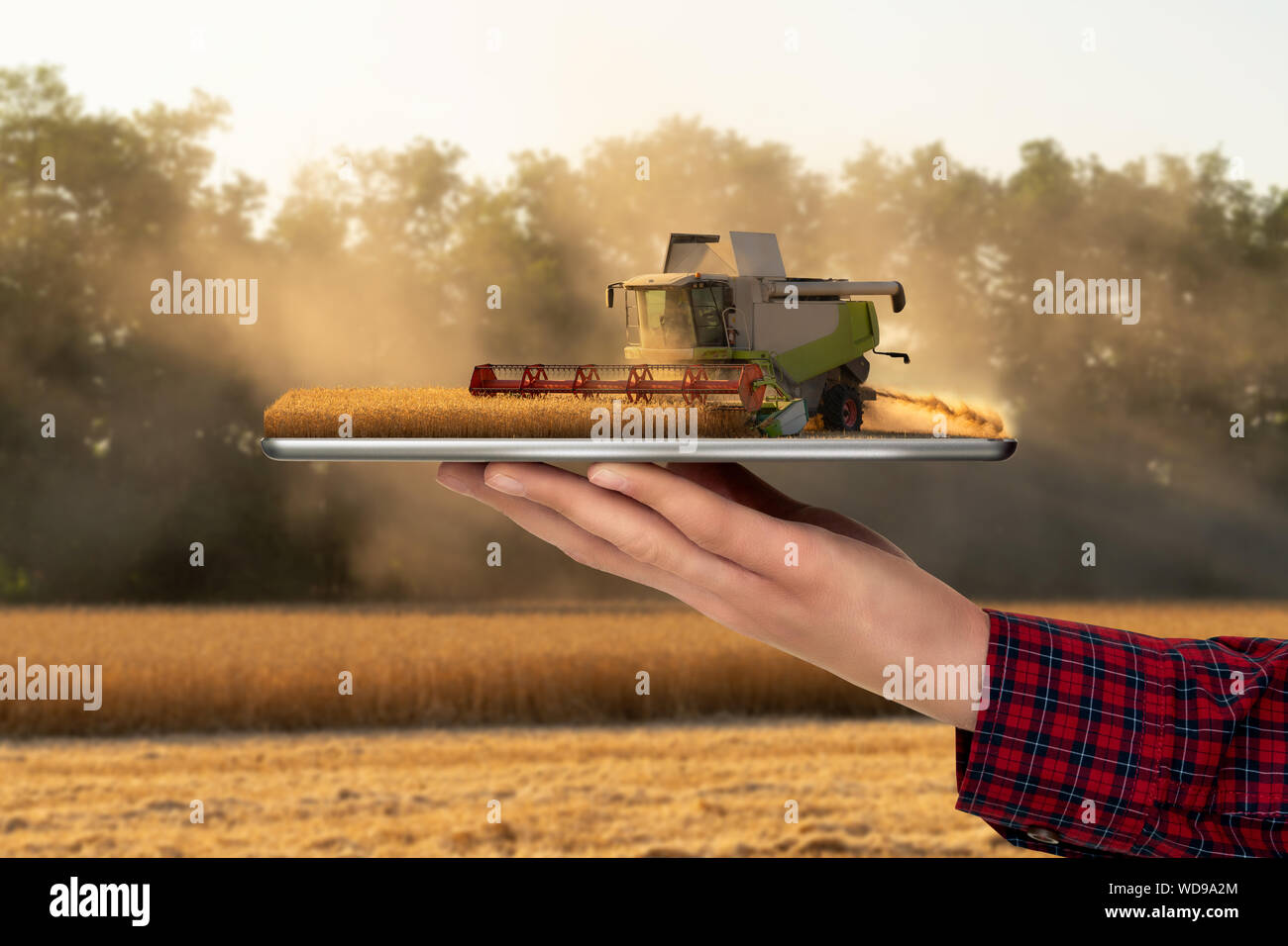 Bauer Holding eine Tablette mit einem Mähdrescher. Augmented Reality und digitale Transformation in der Landwirtschaft. Smart Farming Konzept Stockfoto