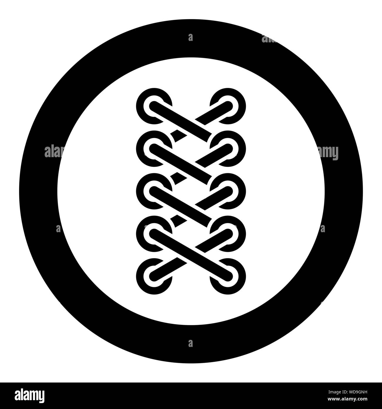 Schnürsenkel von Sneaker Schuhe Schnürsenkel binden Befestigung Seil Stitch Konzept Regelungen des Bindens Schnürsenkel Schnürsenkel Symbol im Kreis runden schwarzen Farbe Vektor Stock Vektor