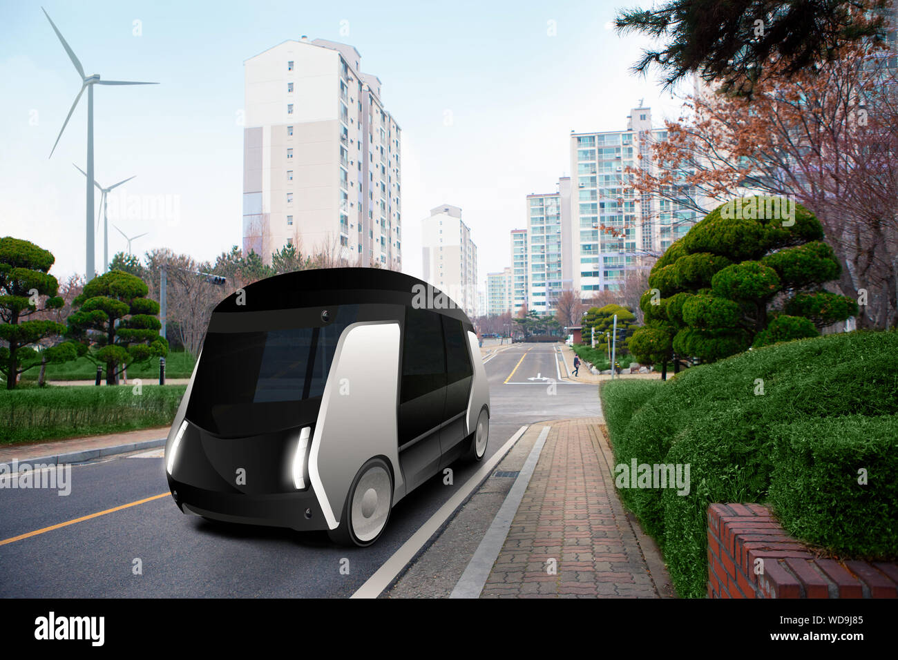 Futuristische autonomen Taxi auf der Straße der Stadt. Stockfoto