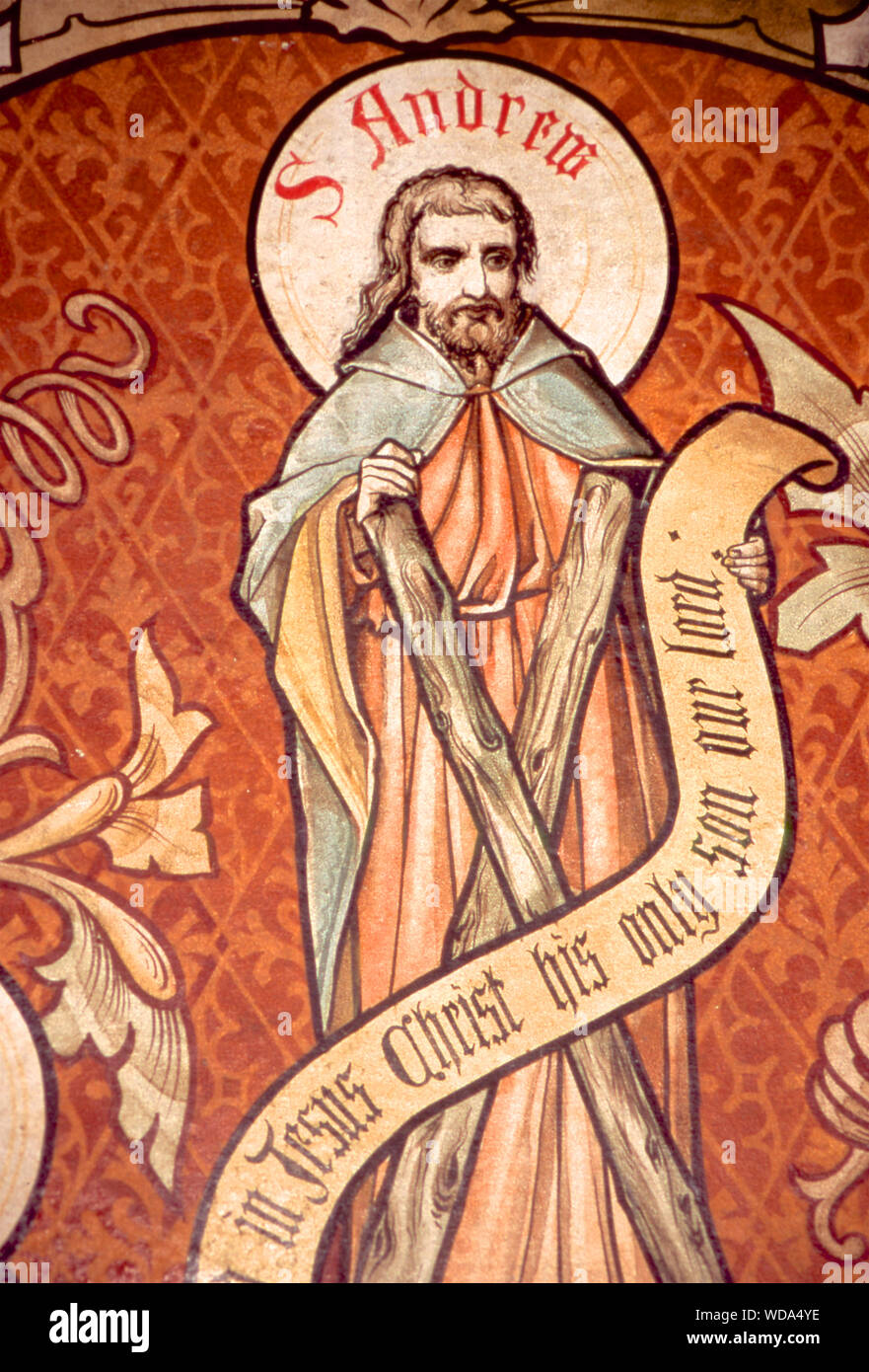 Wandmalerei, St Andrew, Rev Ernest Geldart, St Nicholas' wenig Braxted, Essex, Großbritannien. Stockfoto