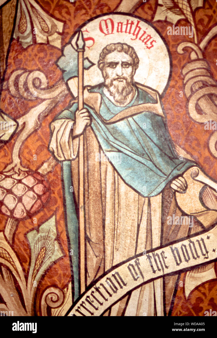 Wandmalerei, St. Matthias, Rev Ernest Geldart, St Nicholas' wenig Braxted, Essex, Großbritannien. Stockfoto
