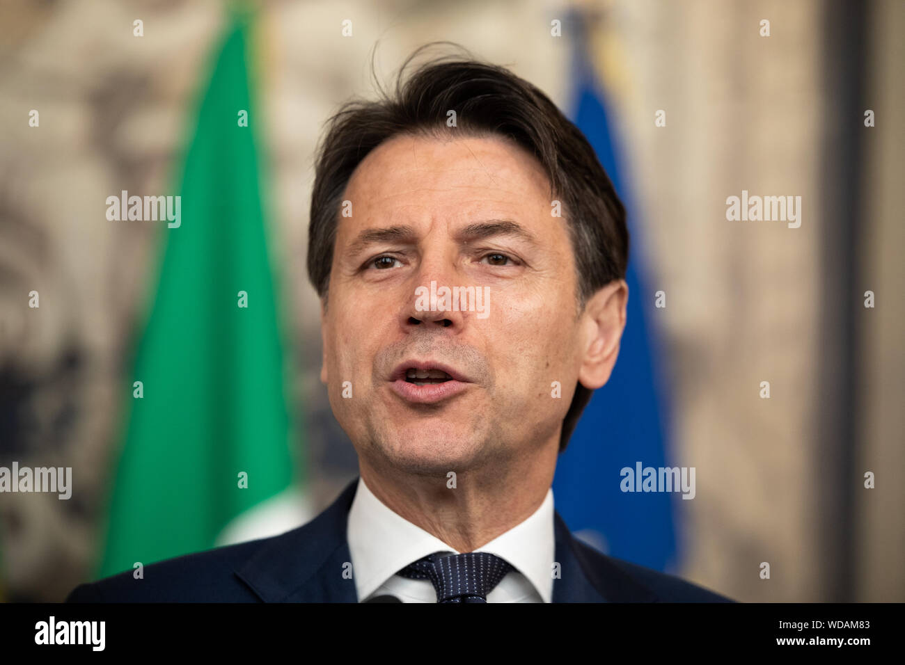 Rom, Italien. 29 Aug, 2019. Premierminister, Giuseppe Conte spricht mit den Mitteln, die nach Genehmigung der neuen Regierung durch den italienischen Präsidenten Sergio Mattarella in Rom. Credit: SOPA Images Limited/Alamy leben Nachrichten Stockfoto