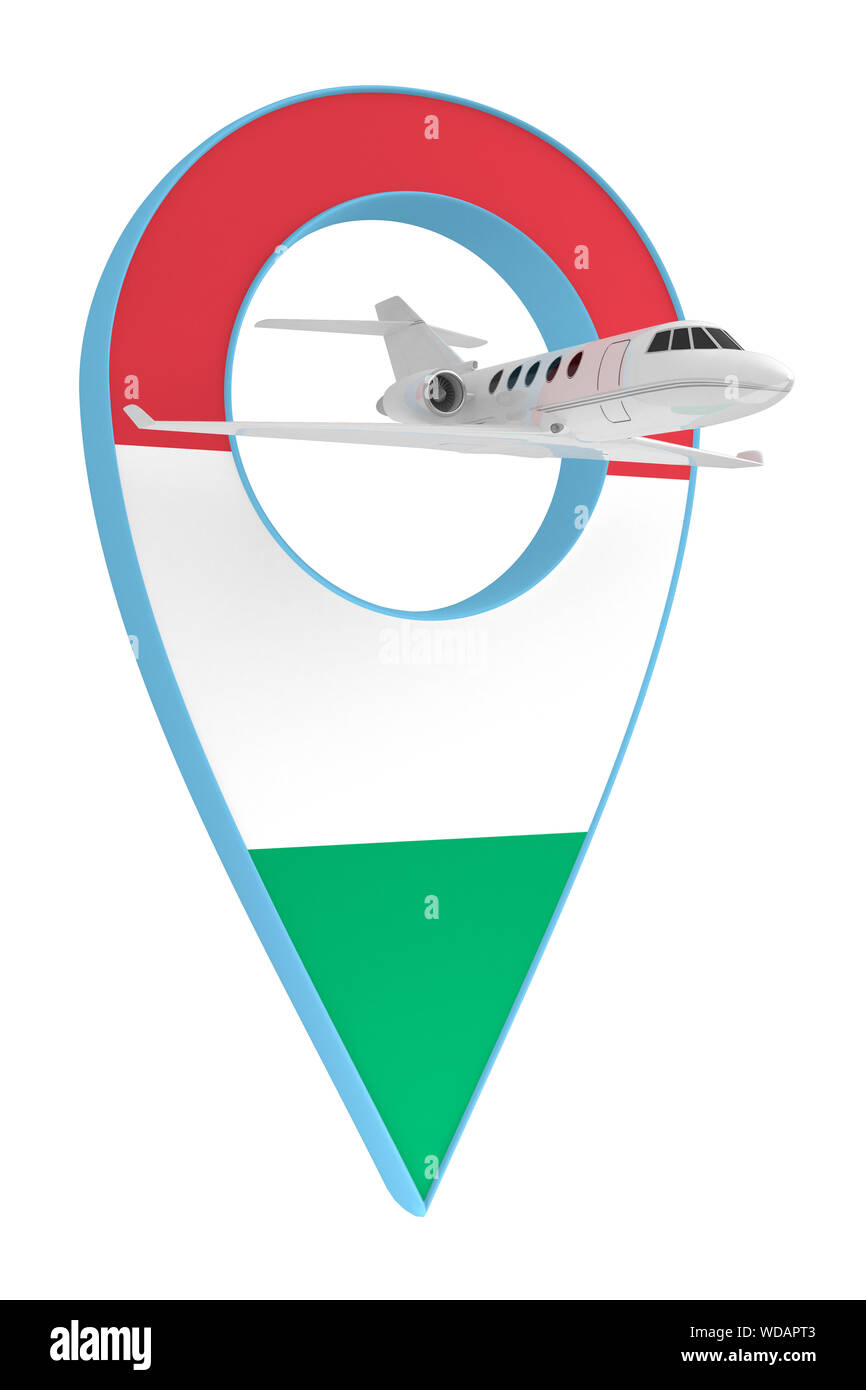 Eigenes Flugzeug mit Pin navigation Flagge Ungarn. 3D-Rendering Stockfoto