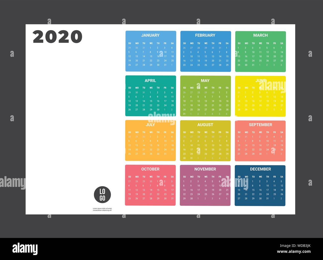 2020 Kalender - Abbildung. Vorlage Mock up. Vector Illustration Stock Vektor