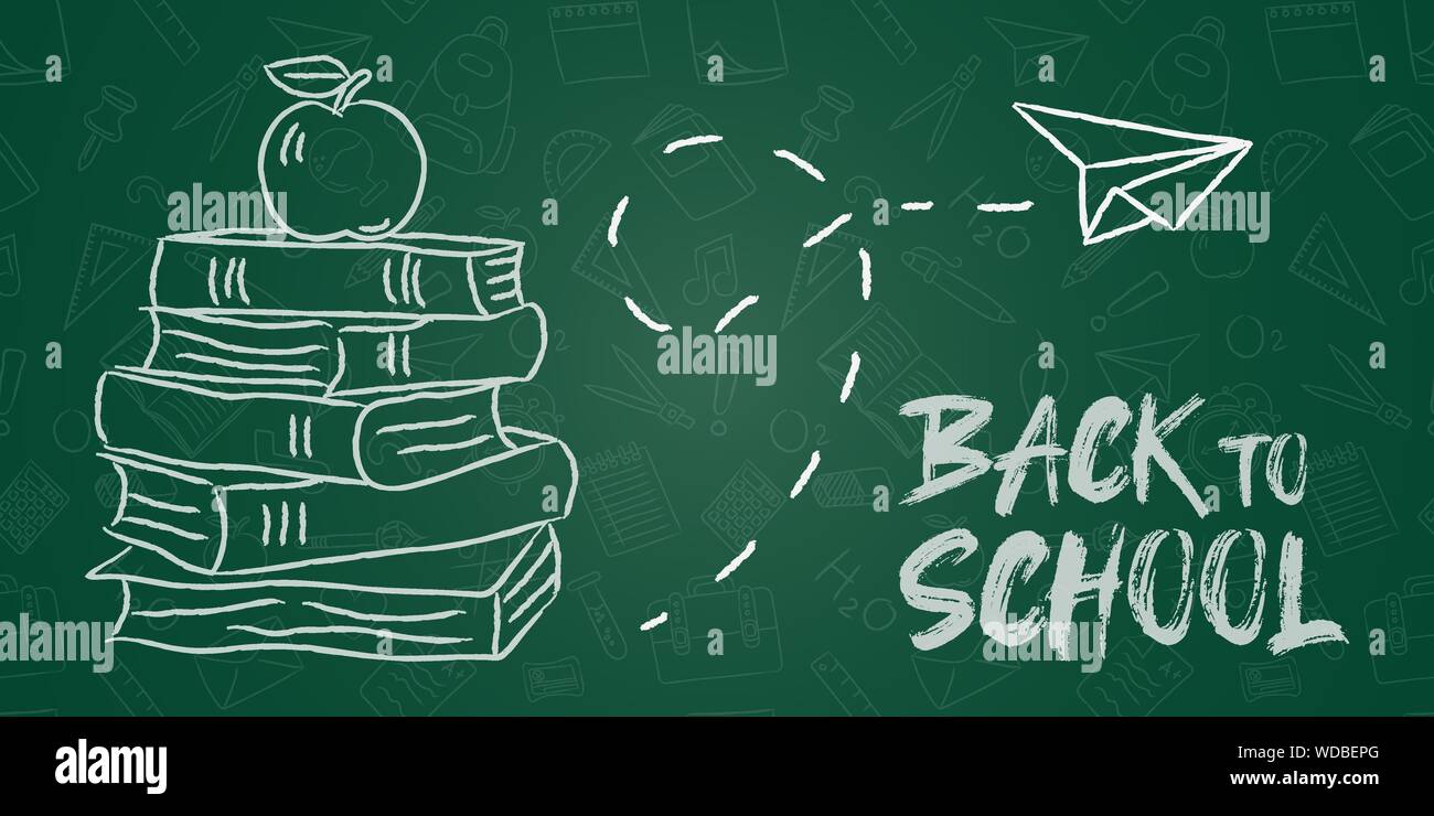 Zurück zu Schule banner Abbildung: Chalk Hand gezeichnet Bücher und Apple am Schwarzen Brett Hintergrund für Bildung Konzept. Stock Vektor