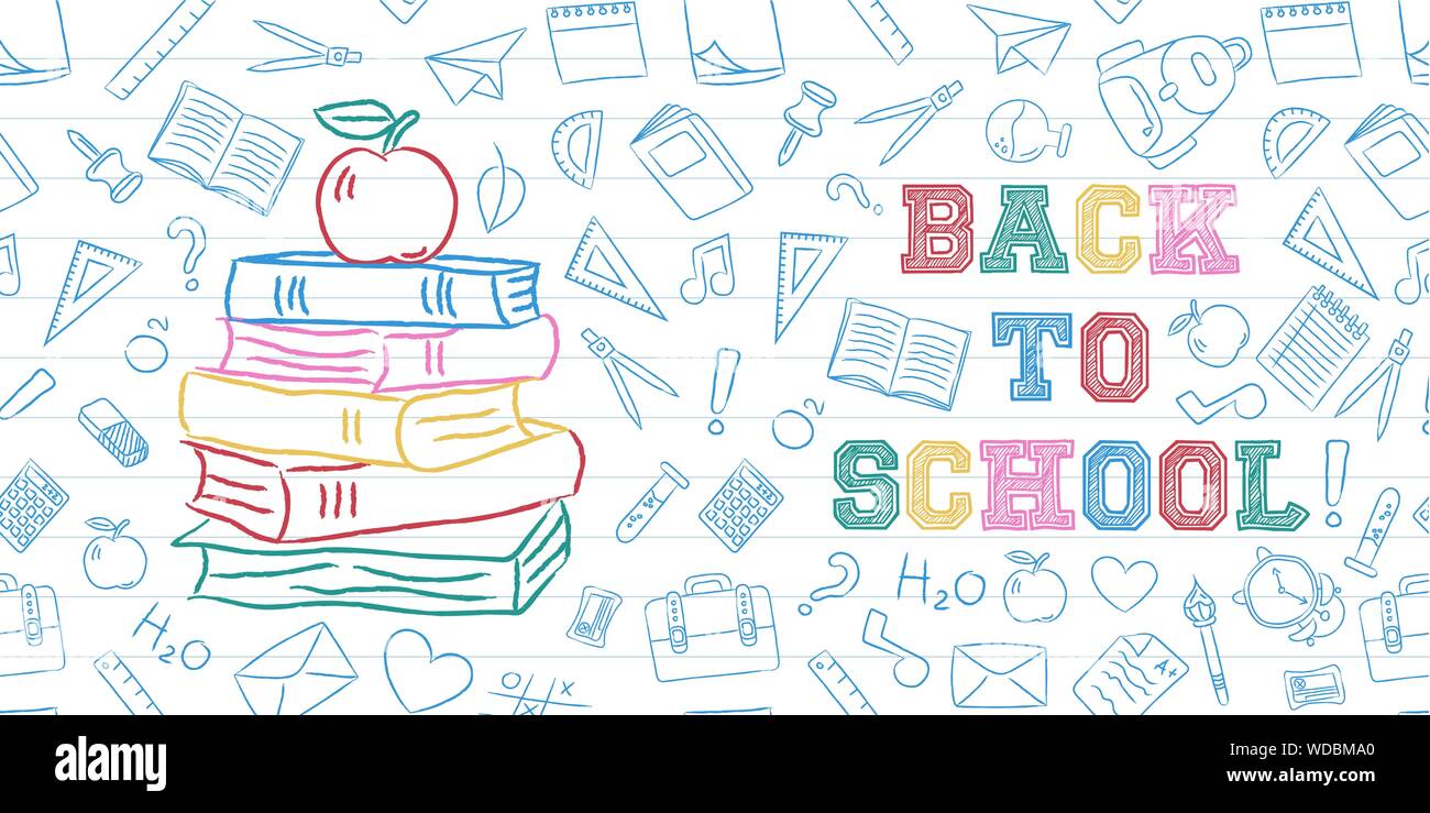 Zurück zu Schule Grußkarte Abbildung: Bunte hand Bücher und Apple auf Klasse Thema doodle Hintergrund für Bildung Konzept erarbeitet. Stock Vektor