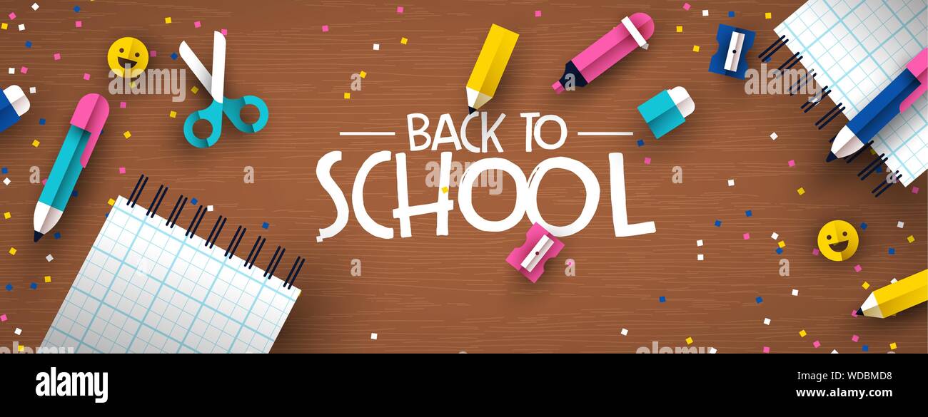 Zurück zu Schule banner Abbildung: bunte Kinder klasse liefert in der modernen 3D-papercut Stil. Papier ausgeschnittenen Elemente auf Holz Schreibtisch Hintergrund für Stock Vektor