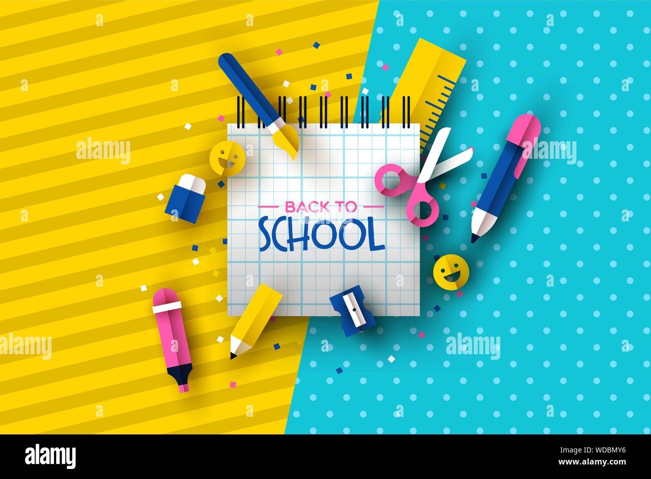 Zurück zu Schule Spaß Grußkarte Weiße Notebook Typographie Zeichen mit 3d-Papier geschnitten Klasse liefert Dekoration. Mit bunten Bleistift, Lineal, glücklich Stock Vektor