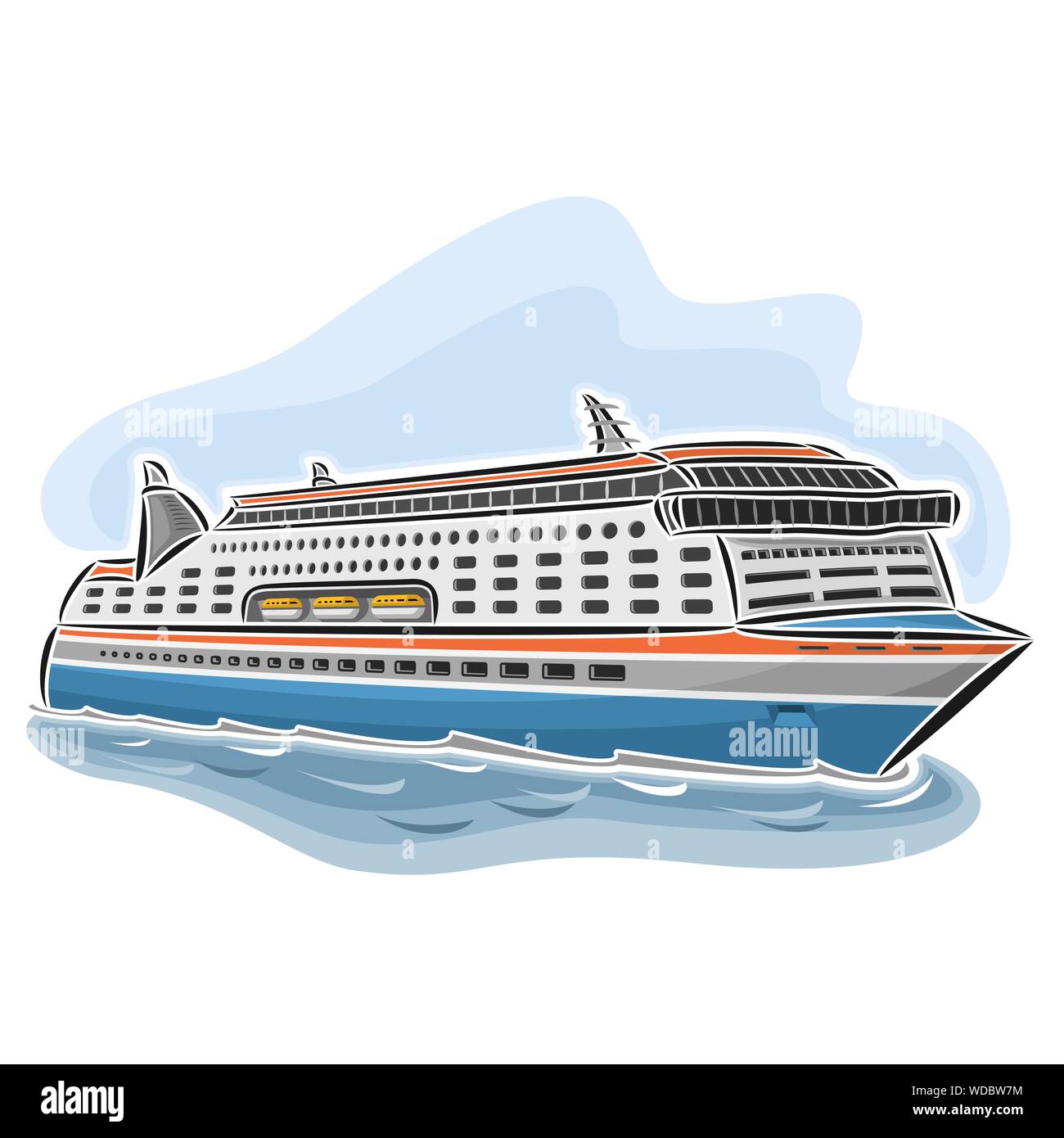 Vektor abstrakte Abbildung: Logo für Kreuzfahrt Fährschiff auf blauem Hintergrund, Seitenansicht. Stock Vektor
