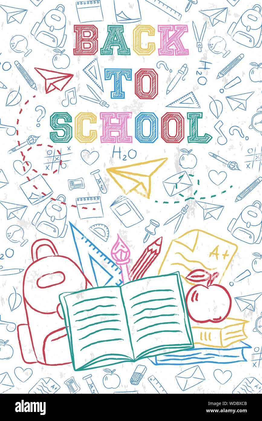 Zurück zu Schule Grußkarte Abbildung: bunte Hand gezeichneten Rucksack und Künstlerbedarf auf Klasse Thema doodle Hintergrund für Bildung Konzept. Stock Vektor