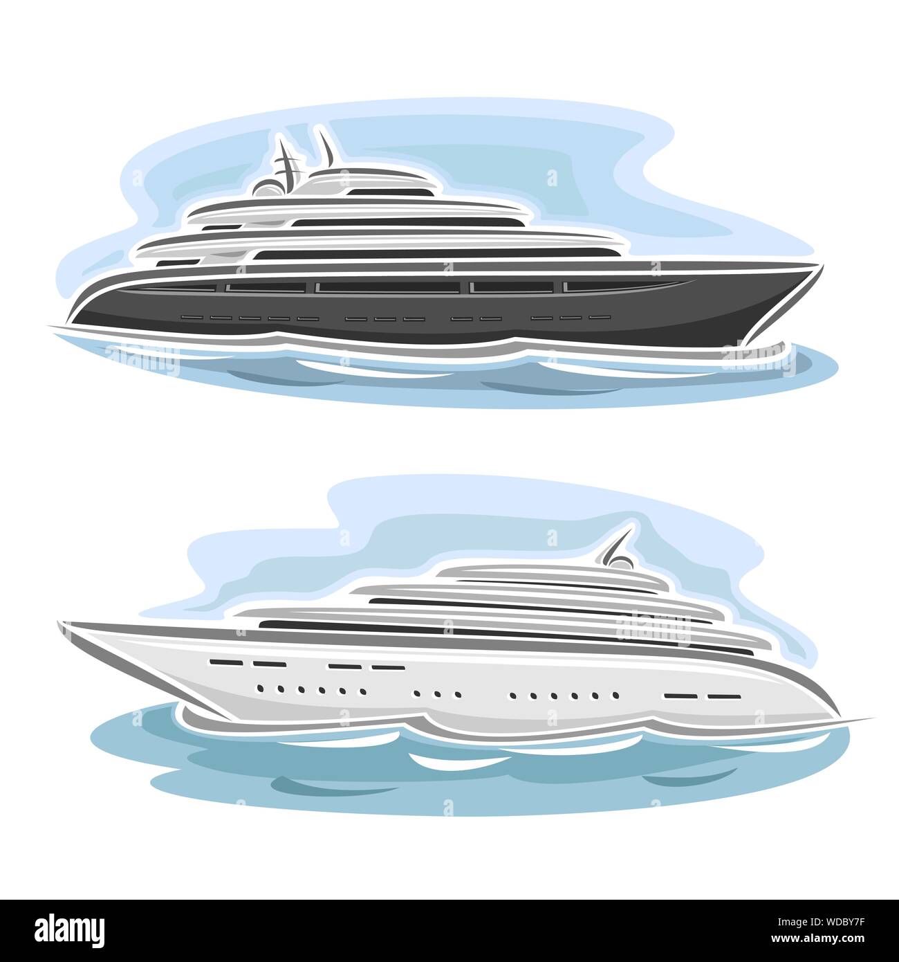 Vektor abstrakte Abbildung: Logo für Kreuzfahrten große Mega Yachten auf blauem Hintergrund, Seitenansicht. Stock Vektor