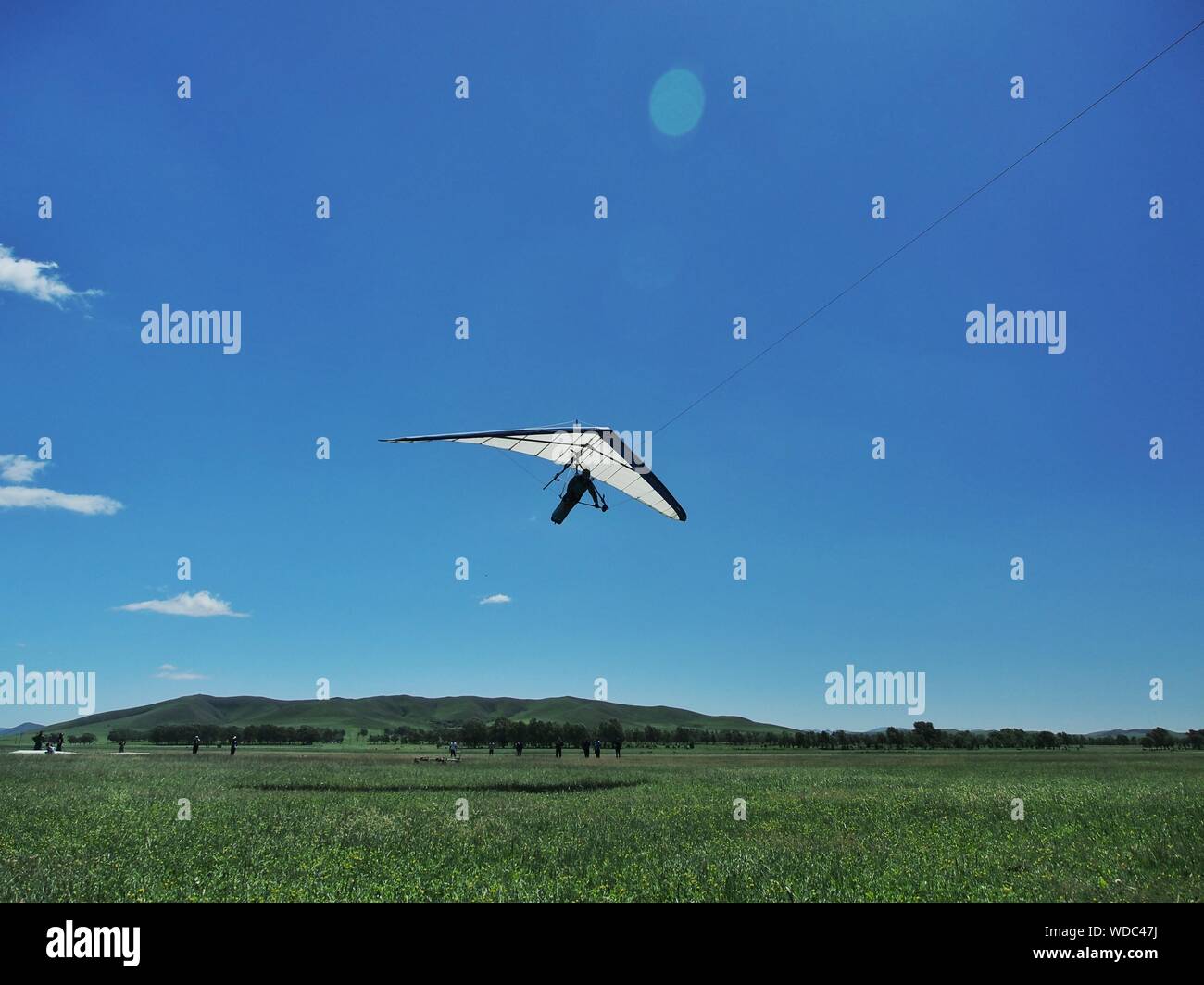 Person Drachenfliegen über Feld gegen blauen Himmel Stockfoto