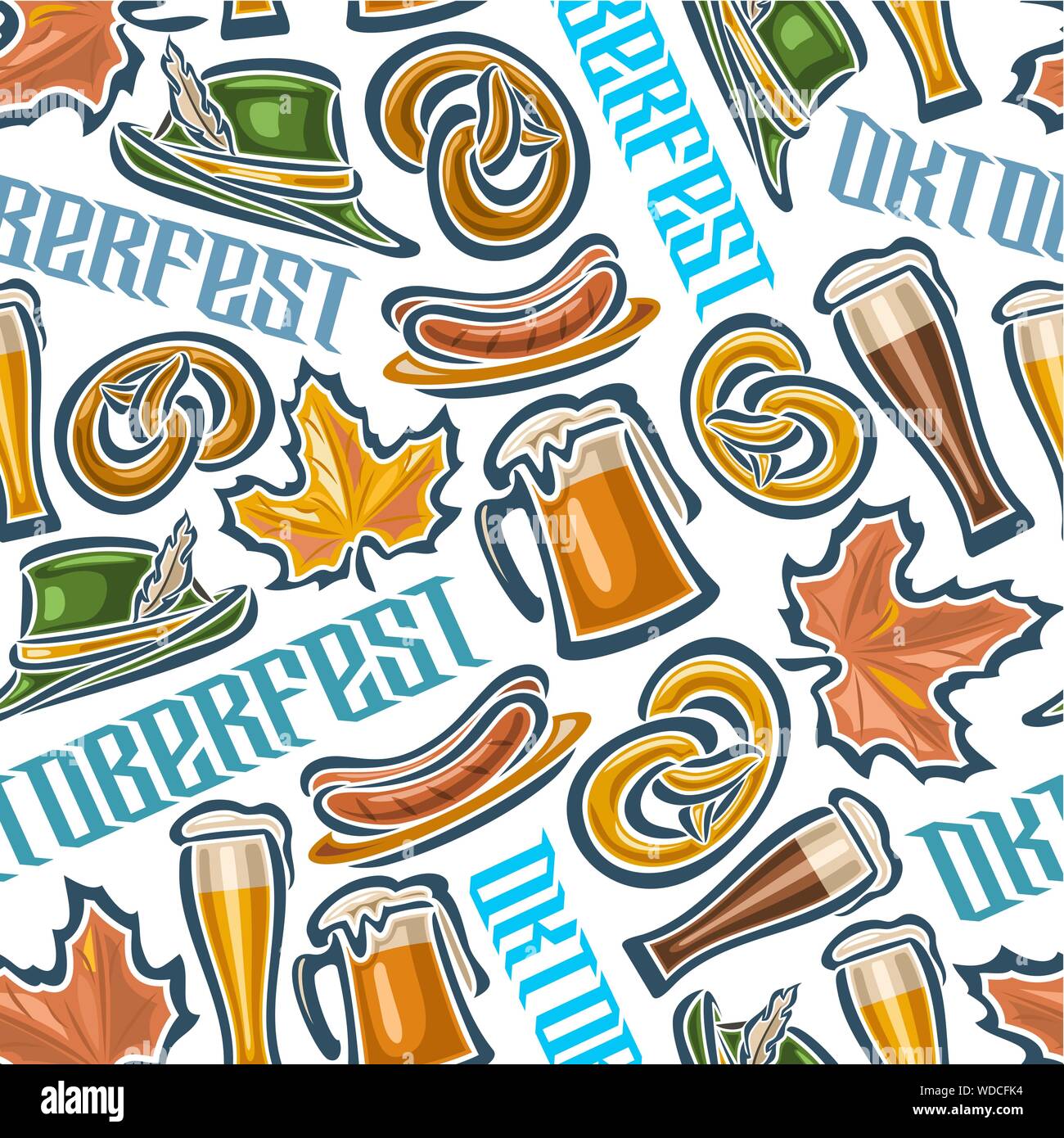 Vektor bayerische nahtlose Muster für das Oktoberfest. Auf weissem Hintergrund Symbole der Oktoberfest: Krug Bier, Brezel, Tiroler Hut und Maple Leaf. Stock Vektor