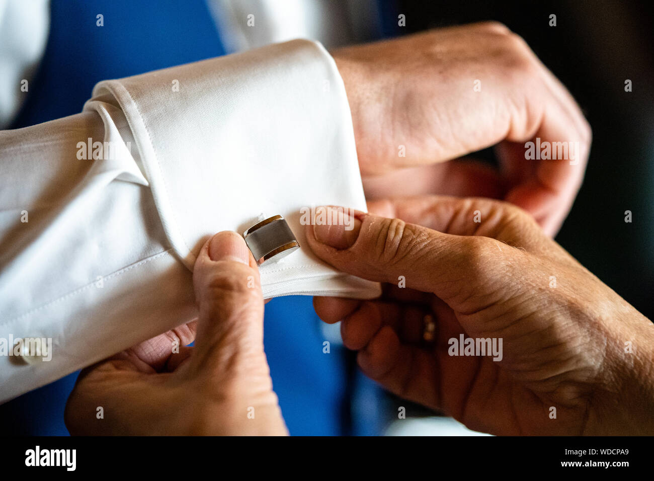 Mann in einem T-Shirt. Frau hilft Mann trägt ein metallisches Silber Manschettenknöpfe stud auf seinem Arm. Hände Bräutigam und Braut. Close-up. Hochzeitstag. Morgen der gr Stockfoto