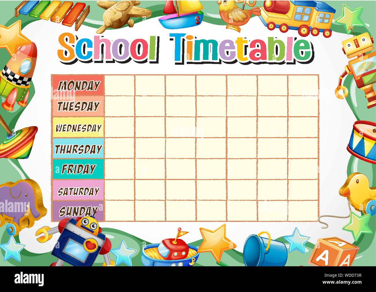 Schule Zeitplan Vorlage mit Spielzeug Abbildung Stock Vektor