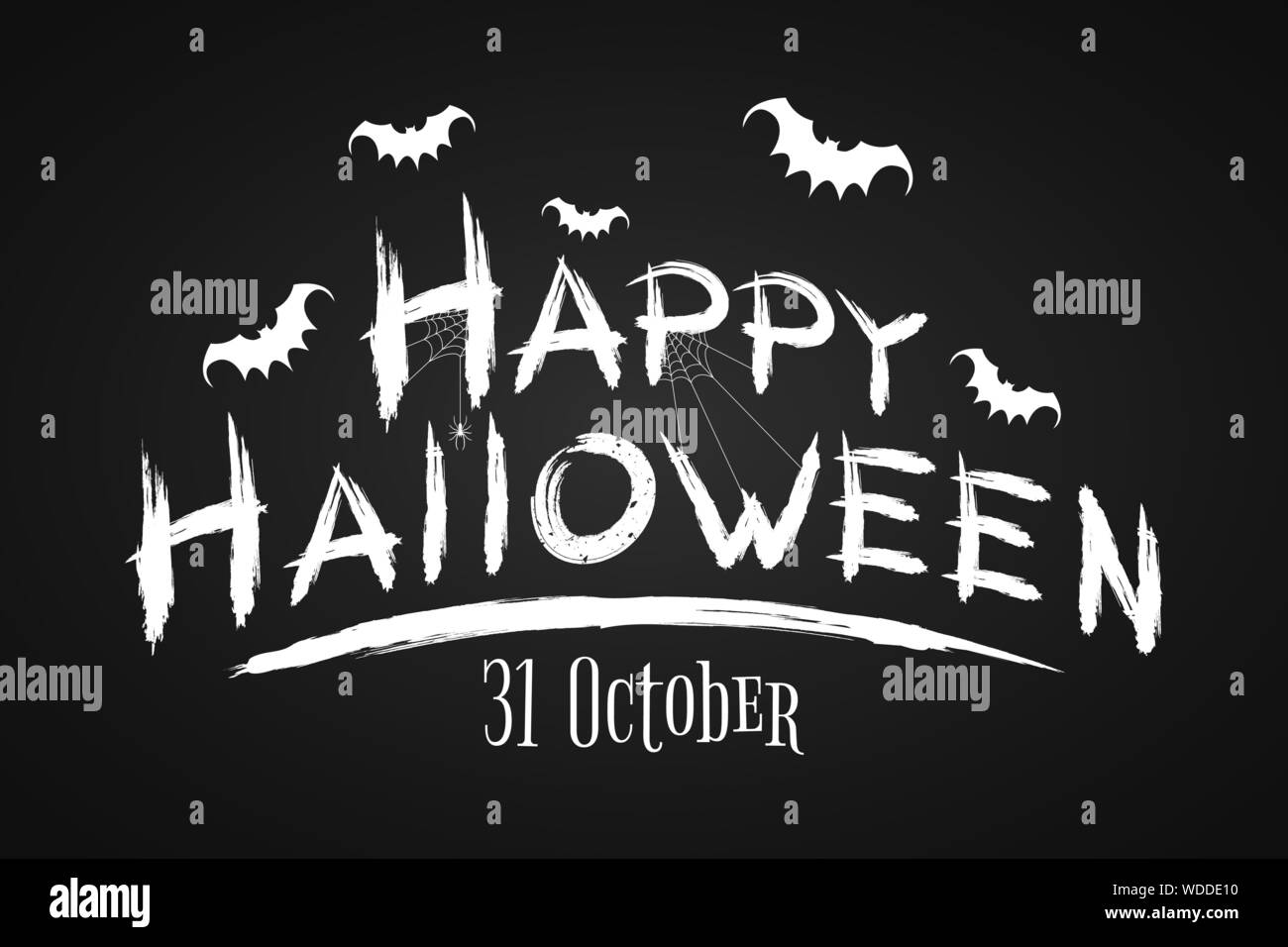 Festliche text Banner für Happy Halloween. Schrecklich grunge Kalligraphie mit Fledermäuse und Spinnen auf einem dunklen Hintergrund. Vector Illustration Stock Vektor