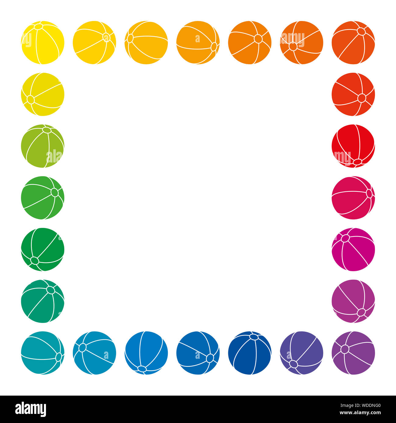 Rainbow farbige Kugeln bilden eine quadratische Form. Strand Kugel Kugeln in den Farben der ein Farbrad mit Streifen. Isolierte Abbildung. Stockfoto