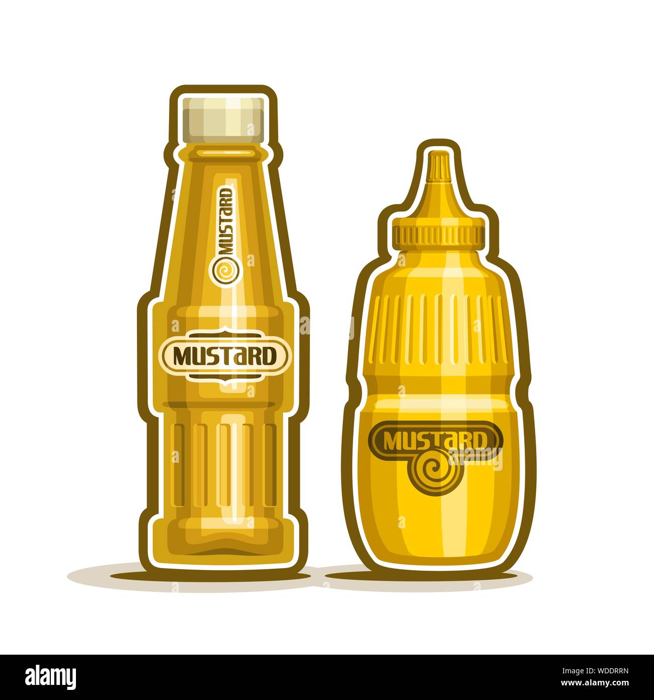 Vector Icons von Senf Glas, gelb Quetschflasche aus Kunststoff und Glas cartoon Container mit Dispenser für Küche des amerikanischen Fast food Cafe auf Weiß Stock Vektor