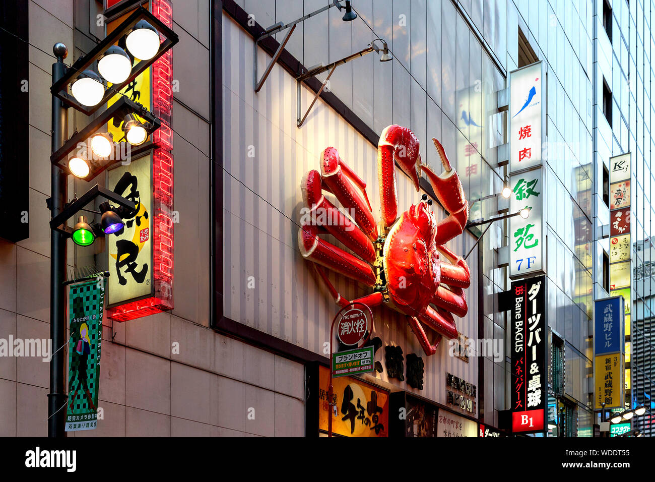 Eine riesige rote Krabbe auf der Wand, Zeichen von Kani Doraku crab food chain in Shinjuku, Tokio. Stockfoto