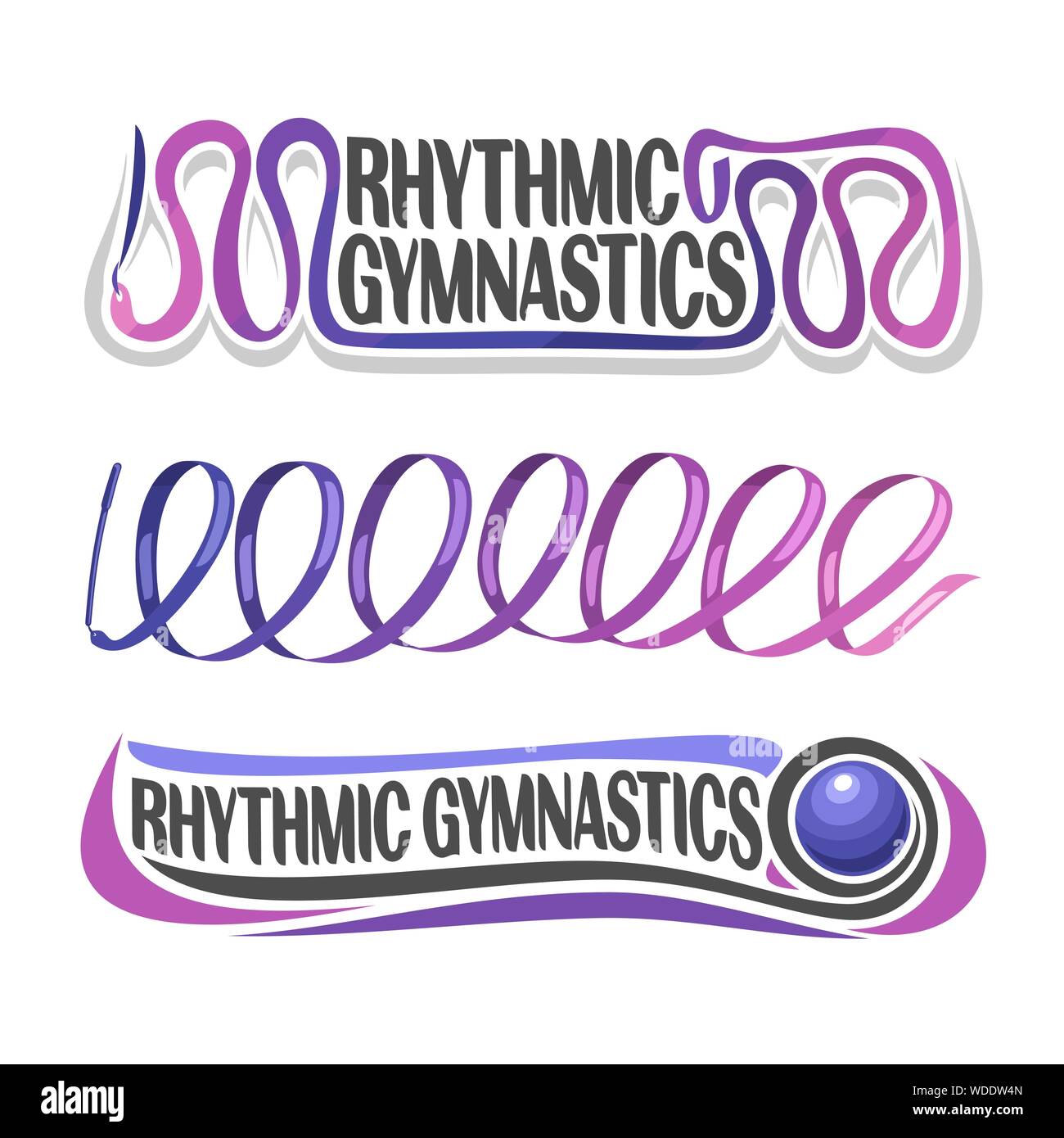 Vektor abstrakte Logo für rhythmische Gymnastik, bestehend aus purple Ribbon mit Griff und Gymnastik blaue Kugel. Dekorative Sportgeräte. Stock Vektor