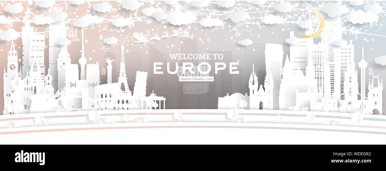 Europa Skyline der Stadt in Papier schneiden Stil mit Schneeflocken, Mond und Neon Girlande. Vector Illustration. Weihnachten und Neujahr Konzept. Santa Claus. Stock Vektor