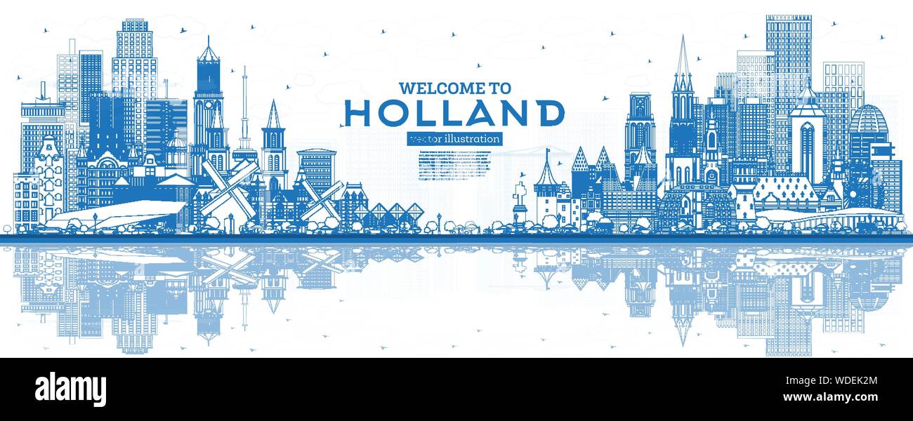 Überblick Willkommen in Niederlande Skyline mit blauen Gebäude. Vector Illustration. Tourismus Konzept mit historischer Architektur. Stadtbild mit Sehenswürdigkeiten. Stock Vektor