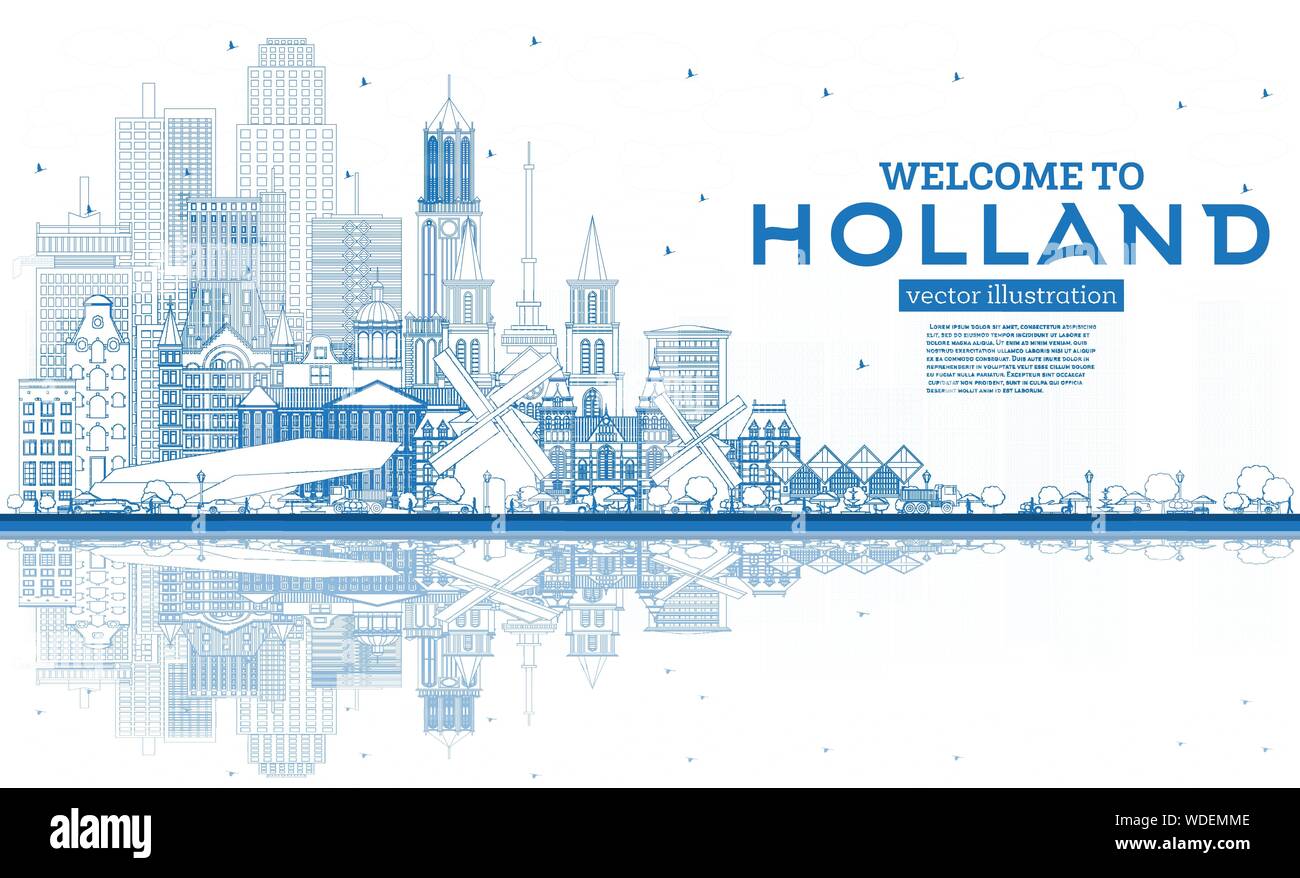 Überblick Willkommen in Niederlande Skyline mit blauen Gebäude. Vector Illustration. Tourismus Konzept mit historischer Architektur. Stadtbild mit Sehenswürdigkeiten. Stock Vektor