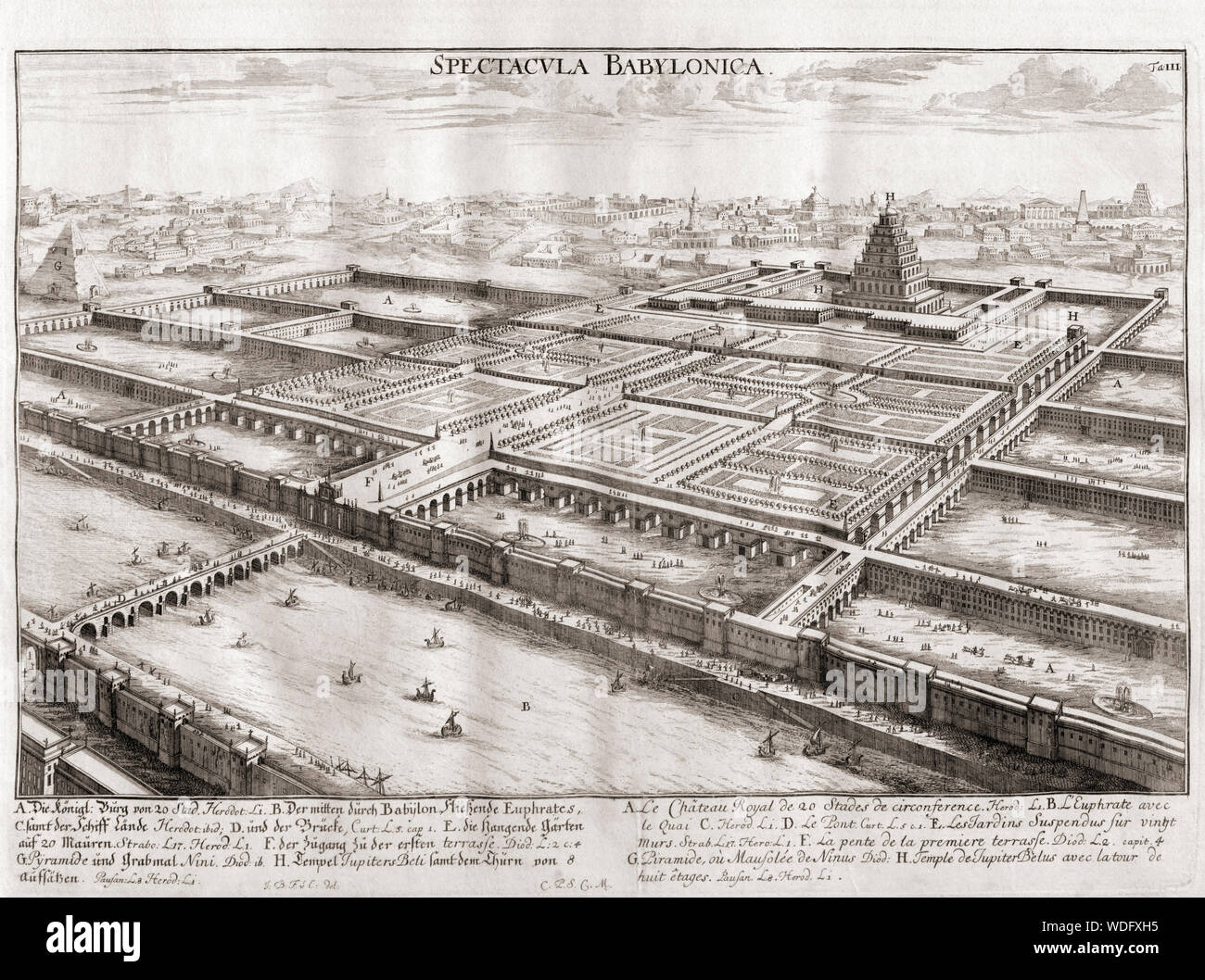 Imaginären plan von Babylon, Mesopotamien. Moderne Irak. 18. jahrhundert Kupferstich von Johann Adam Delsenbach, 1687-1765 von Entwurff einer historischen Architectur, oder das Design der historischen Architektur, eine Studie von Johann Bernhard Fischer von Erlach, 1656-1723. Stockfoto