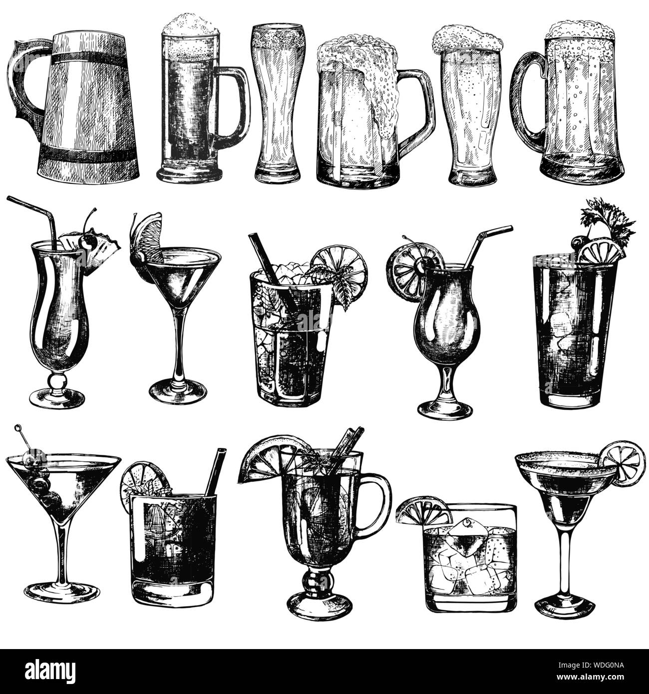 Satz von Hand gezeichnete Skizze stil Bier und highball Cocktails auf weißem Hintergrund. Vector Illustration. Stock Vektor