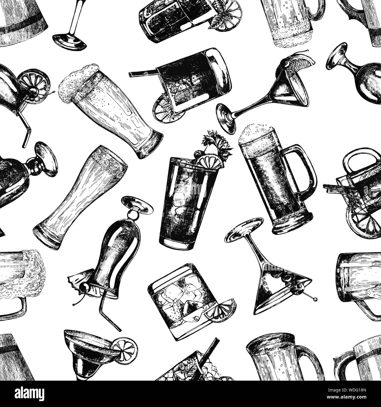 Nahtlose Muster von Hand gezeichnete Skizze stil Bier und highball Cocktails auf weißem Hintergrund. Vector Illustration. Stock Vektor