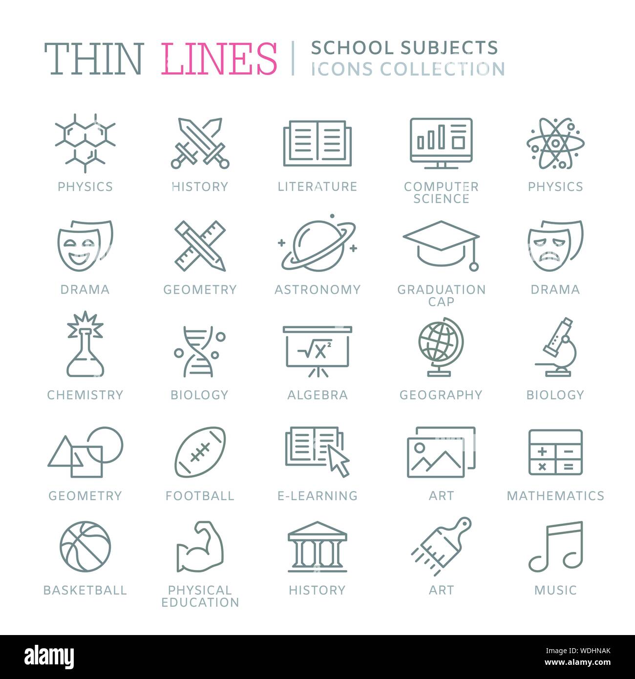 Sammlung von schulfächern dünne Linie Symbole. Vector EPS 8. Stock Vektor