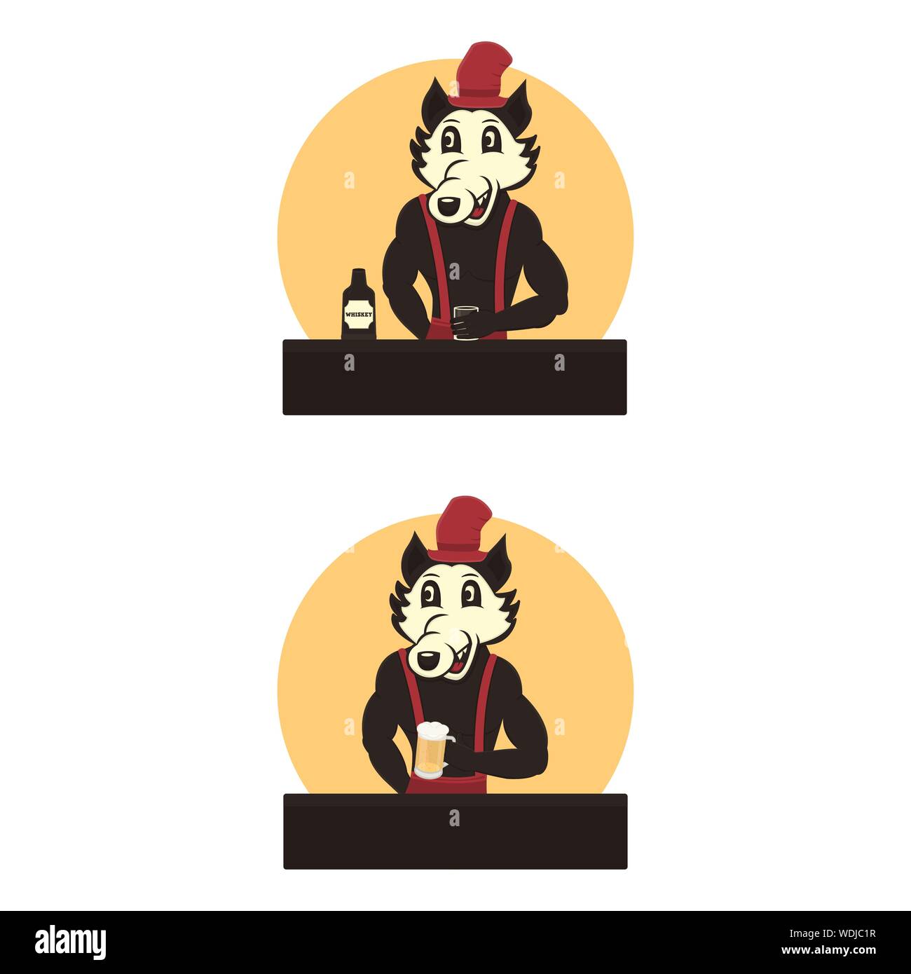 Wolf hält ein Bier und ein Glas mit Whiskey, zwei Aufkleber, cartoon Charakter in einer Bar oder einem pub Vector Illustration auf weißem Hintergrund Stock Vektor
