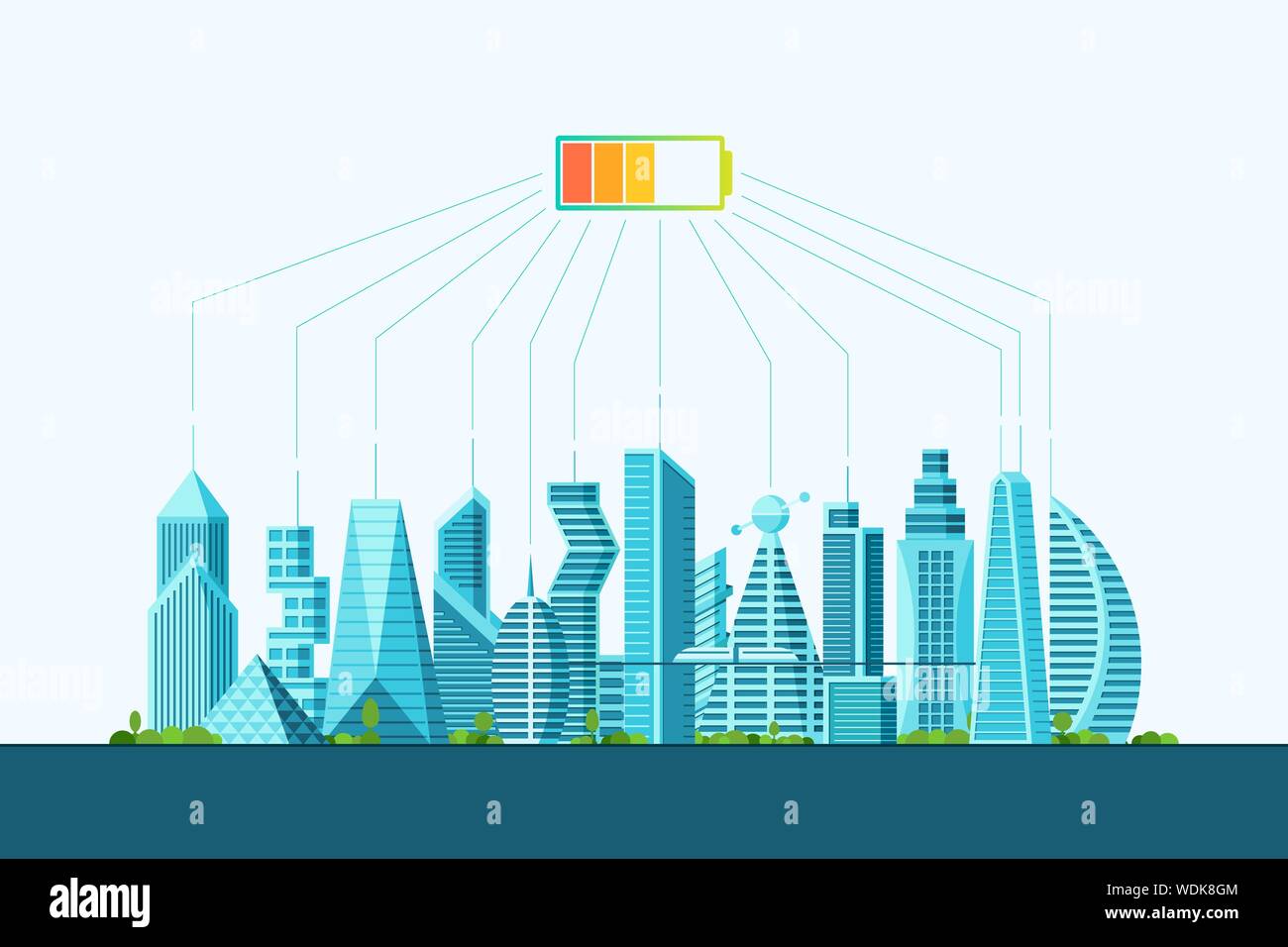 Future Smart Eco City Alternative Clean Sun Energy Konzept. Stadtlandschaft mit Solarbatterie-Ladestand. Futuristische mehrstöckige Cyberpunk Grafik Ökologie Stadt Haus Vektor flache Illustration Stock Vektor