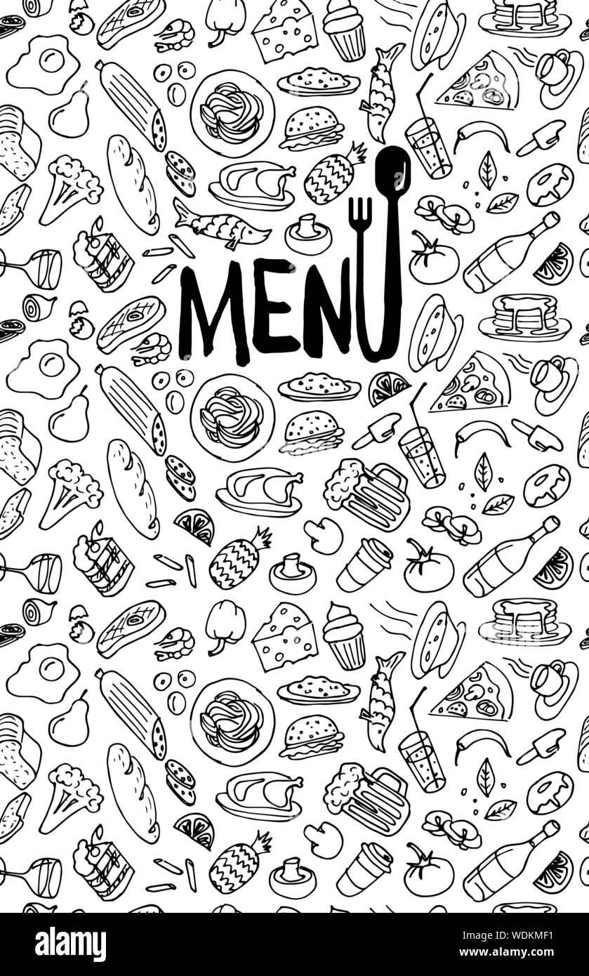Café Restaurant Menü Abdeckung Design Vorlage. Titelseite mit handgezeichneter Lebensmittelkritzel Umriss farbigen Skizzenmuster auf weißem Hintergrund. Vektor-Poster mit Kochelement Illustration Stock Vektor
