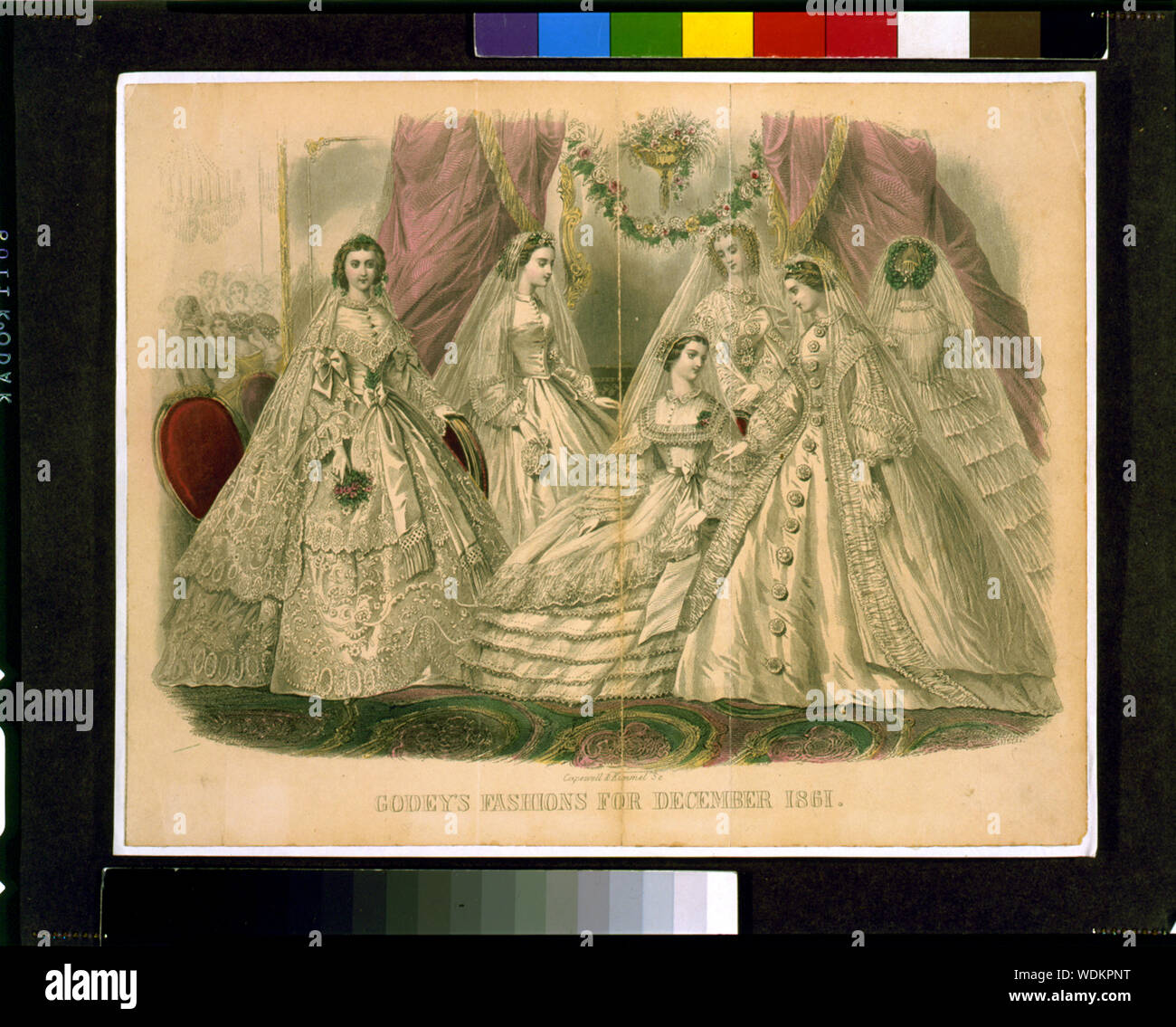 Godey's Mode für Dezember 1861/Capewell & Kimmel, sc. Abstract / Medium: 1 Print: Gravur, von Hand gefärbt. Stockfoto