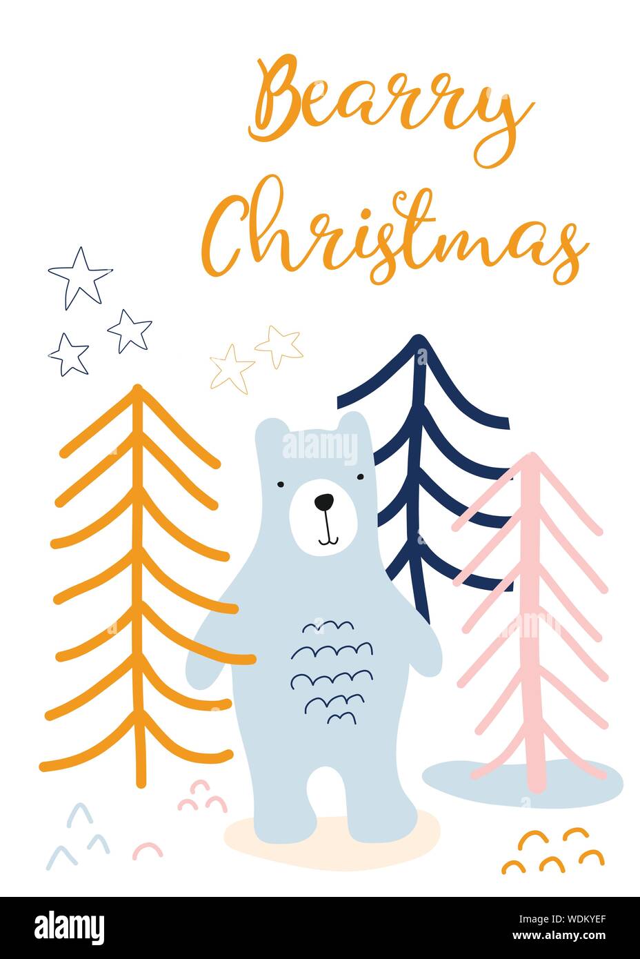 Weihnachten Grusskarten Kinder. Im skandinavischen Stil Urlaubsgrüße. Bär im Wald Hand gezeichnet Vector Illustration. Berry Weihnachten. Süße Kinder Stock Vektor