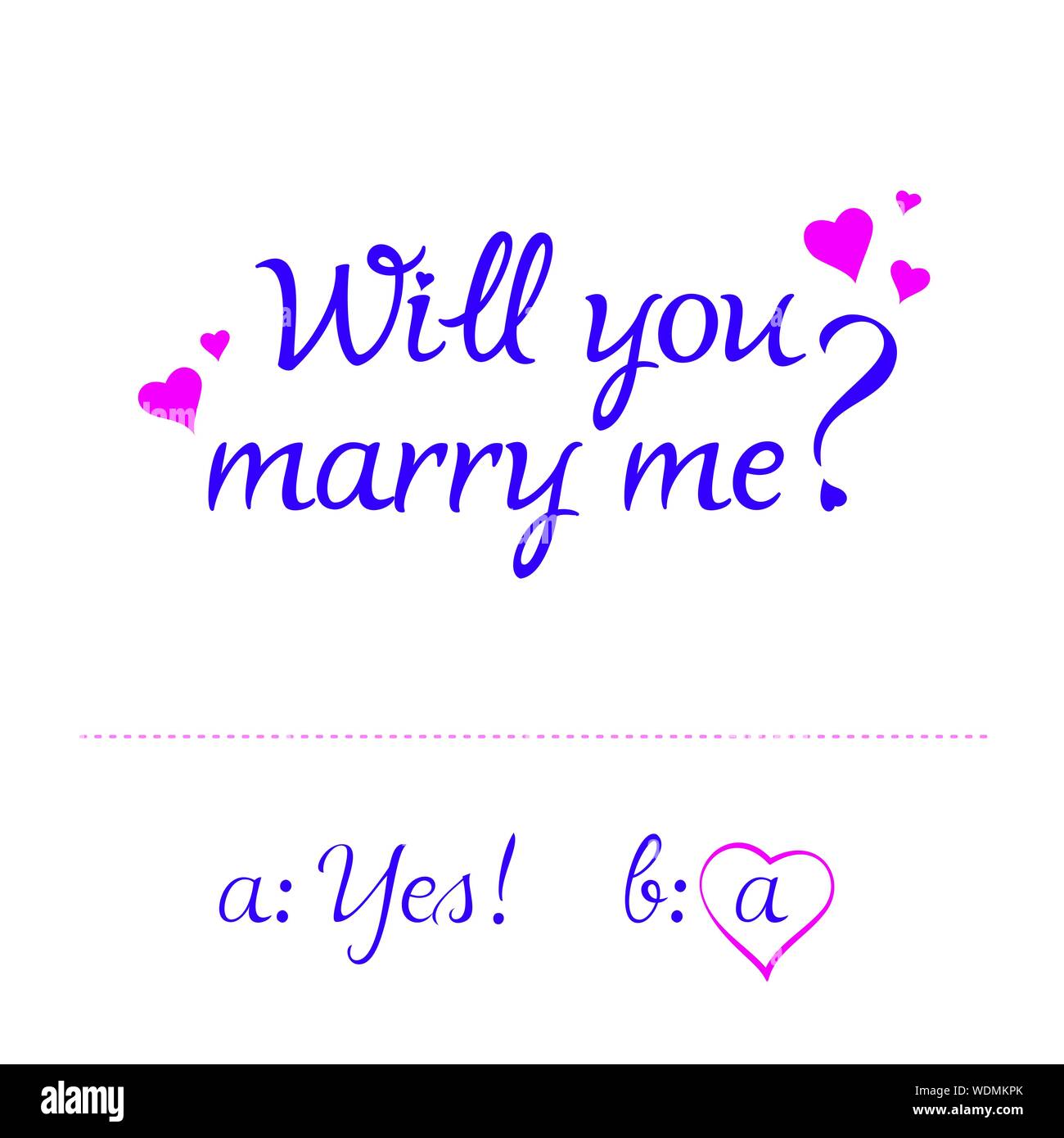 "Willst du mich heiraten?" Schrift und Typografie. Romantischer Heiratsantrag Angebot mit rosa Herzen Symbole. Ehe, Familie, Liebe, Paar, Beziehungen. Stock Vektor