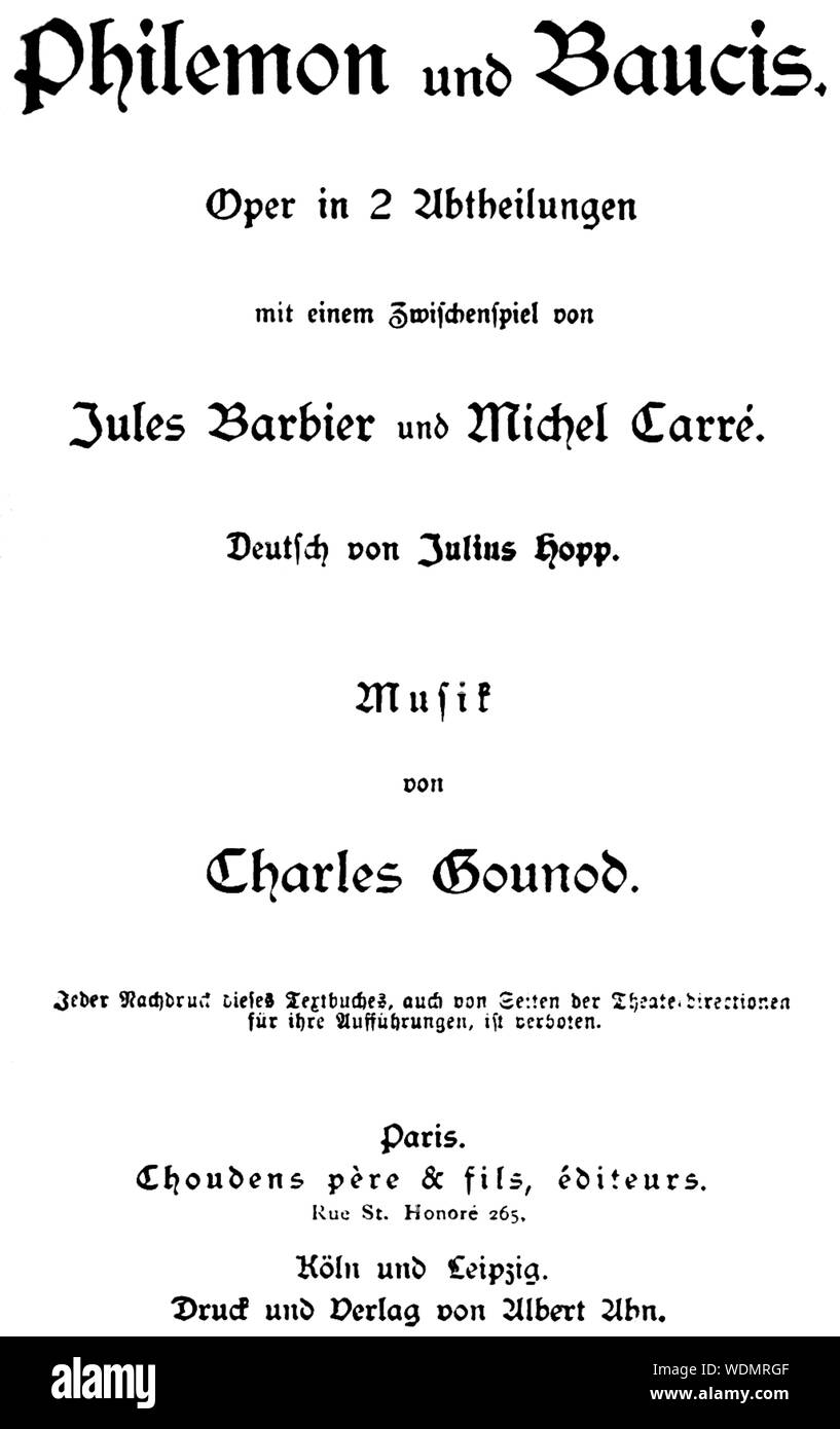 Gounod - Philémon et Baucis - Titelseite der beiden Act german Libretto, Paris 19. Stockfoto
