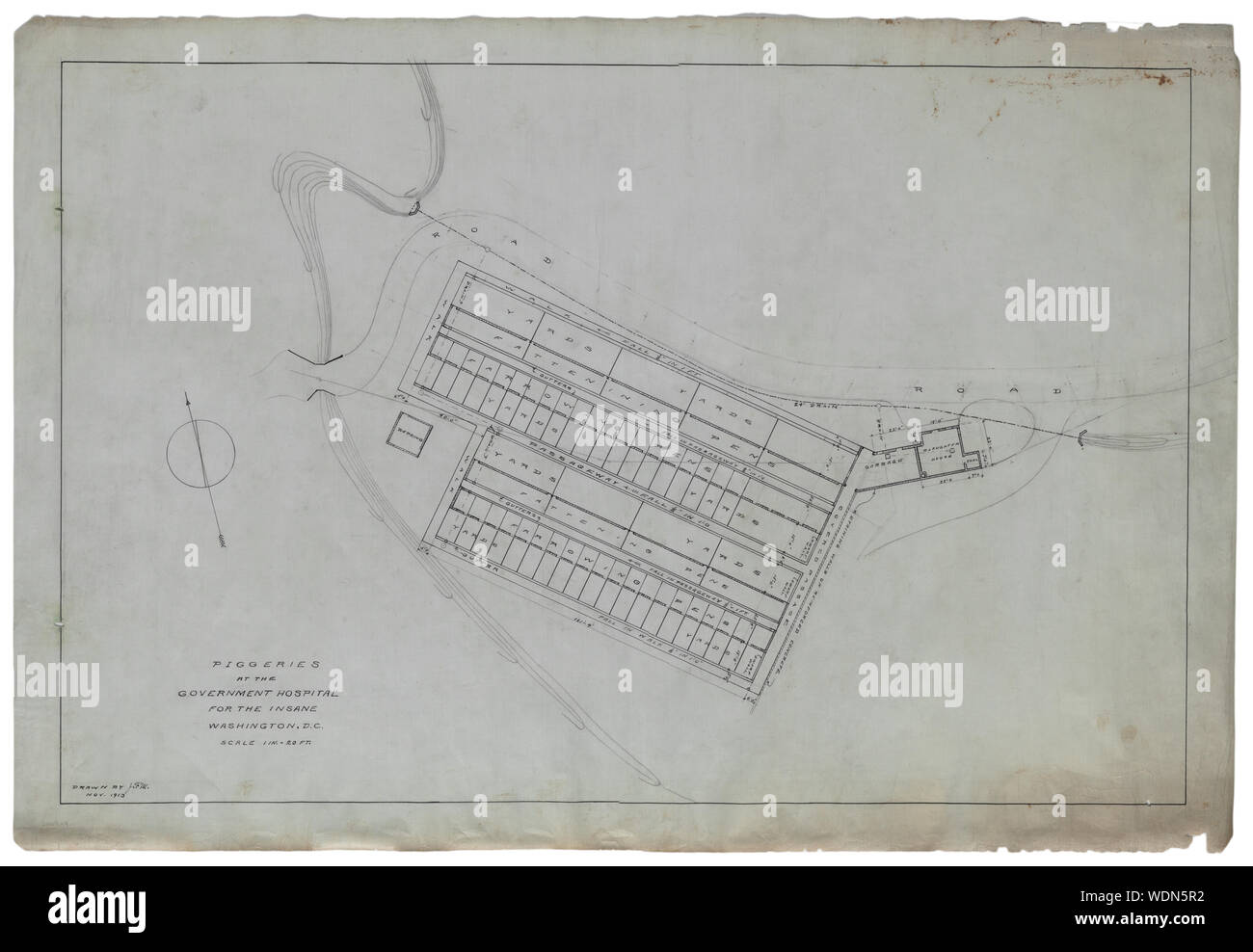 Regierung Krankenhaus für die Wahnsinnige (St. Elizabeths Hospital), Washington, D.C. Schweineställe. Plan und Lageplan mit topographischen Ergänzungen]/J.F.M Abstract / Medium: 1 Zeichnung: Tusche und Graphit auf Leinwand 49,6 x 72,9 cm. Stockfoto