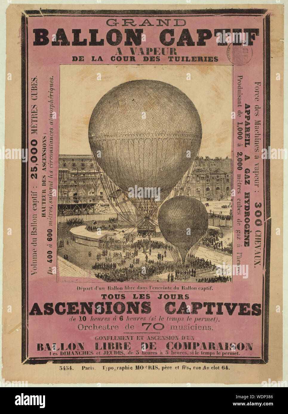 Grand Ballon captif a Vapeur de la Cour des Tuileries Breitseite der Bekanntgabe der Himmelfahrt von riesigen captive Henri Giffard's Ballon aus dem Hof des Tuileries, Paris, wahrscheinlich während der Pariser Weltausstellung von 1878. Mit Bild von der riesigen Ballon in der Mitte des Innenhofes stationiert neben einem kleineren Ballon. Stockfoto