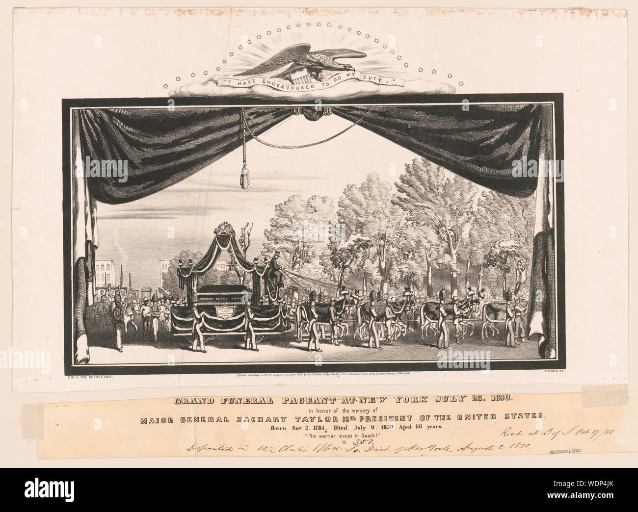 Grand Beerdigung Pageant am New York Juli 23, 1850, zu Ehren der Erinnerung an Major General Zachary Taylor 12. Präsident der Vereinigten Staaten/lith. und Pub. von Geo. E. Leefe, 111 Nassau St., NEW YORK, Abstract / Medium: 1 drucken: Lithographie, 31 x 42 cm. (Bild) Stockfoto