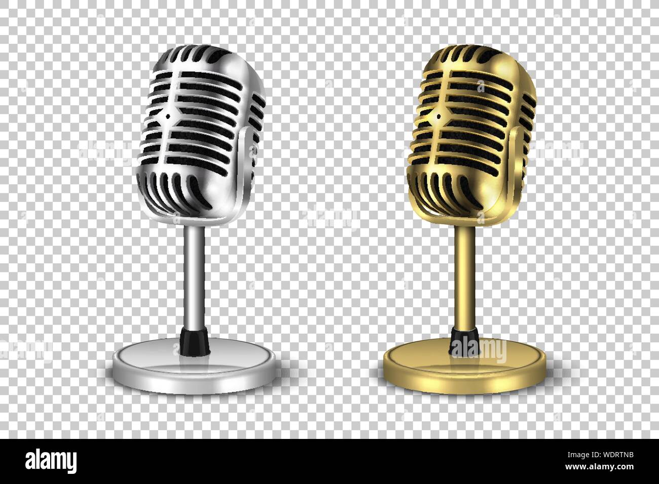 Vector 3d Realistische Retro Stahl Metall Silber und Golden Konzert Vocal Mikrofon mit Ständer Icon Set Closeup isoliert auf transparentem Hintergrund Stock Vektor