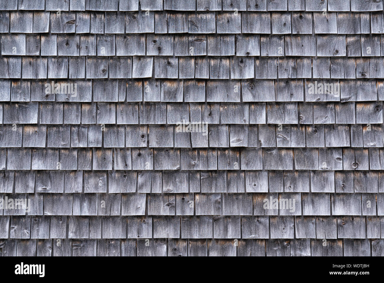 Äußere einer Verwitterten grauen Cedar shingle Wand Stockfoto